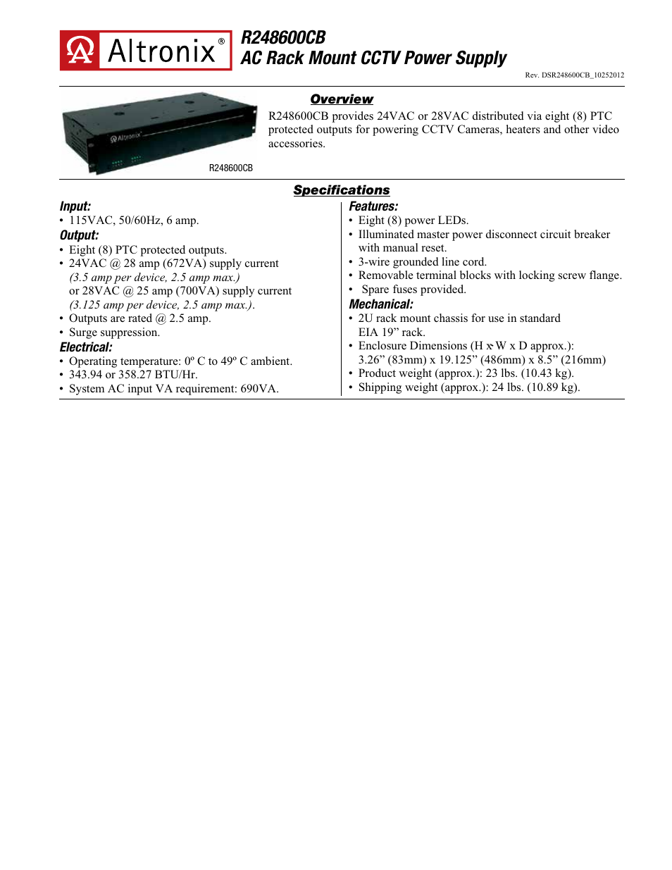 Altronix R248600CB Data Sheet User Manual | 2 pages