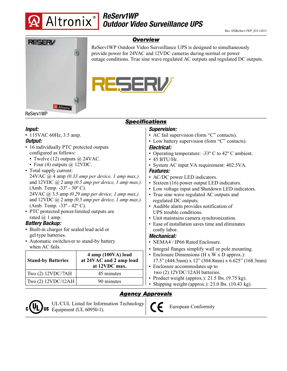 Altronix ReServ1WP Data Sheet User Manual | 2 pages