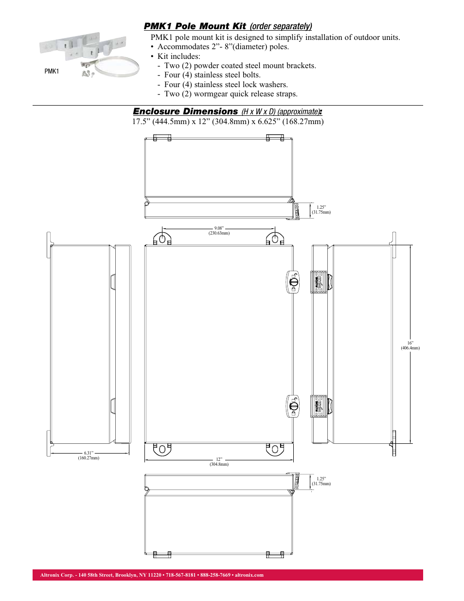 Enclosure dimensions, Pmk1 pole mount kit (order separately) | Altronix ReServ1WP Data Sheet User Manual | Page 2 / 2