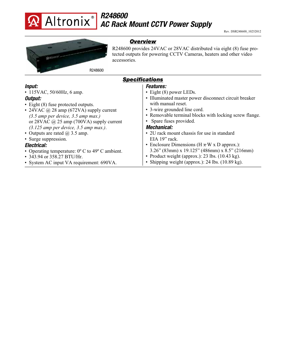 Altronix R248600 Data Sheet User Manual | 2 pages