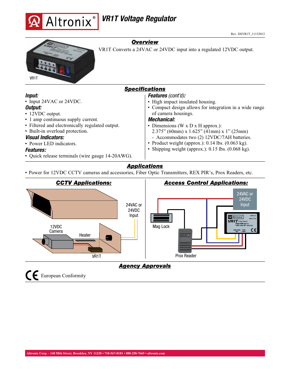 Altronix VR1T Data Sheet User Manual | 1 page