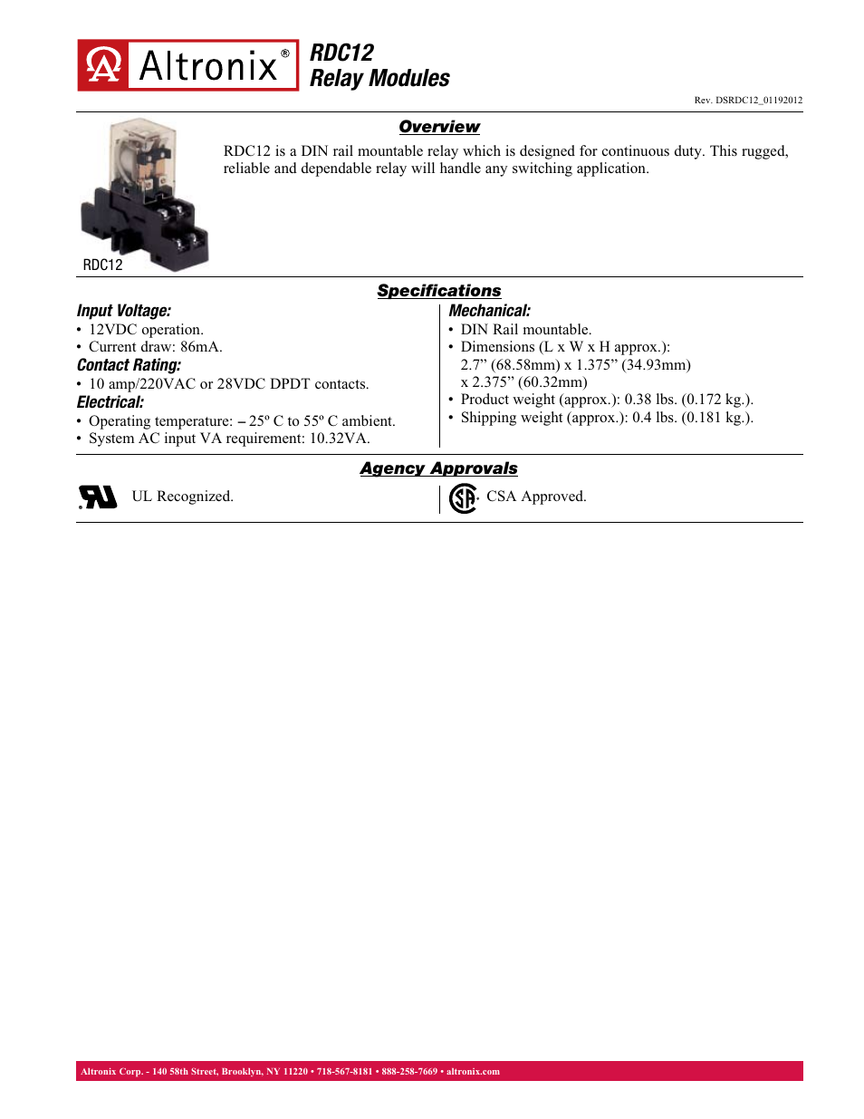 Altronix RDC12 Data Sheet User Manual | 1 page