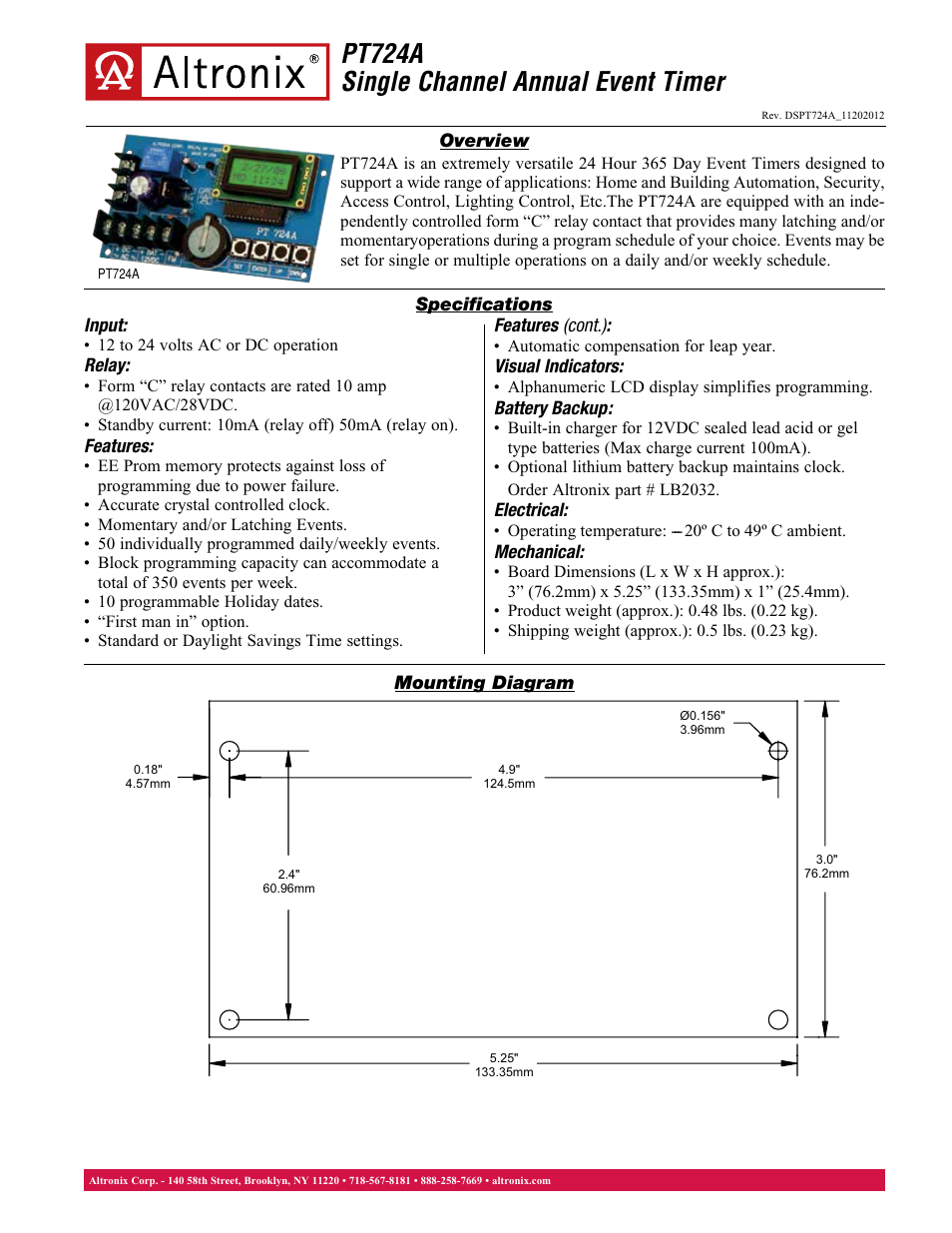 Altronix PT724A Data Sheet User Manual | 2 pages