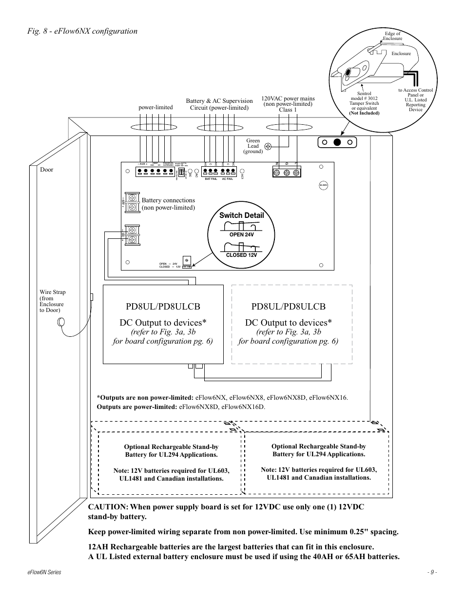Dc output to devices, Pd8ul/pd8ulcb dc output to devices, Pd8ul/pd8ulcb | Fig. 8 - eflow6nx configuration, Switch detail, Door | Altronix eFlow6N_NX Series Installation Instructions User Manual | Page 9 / 16