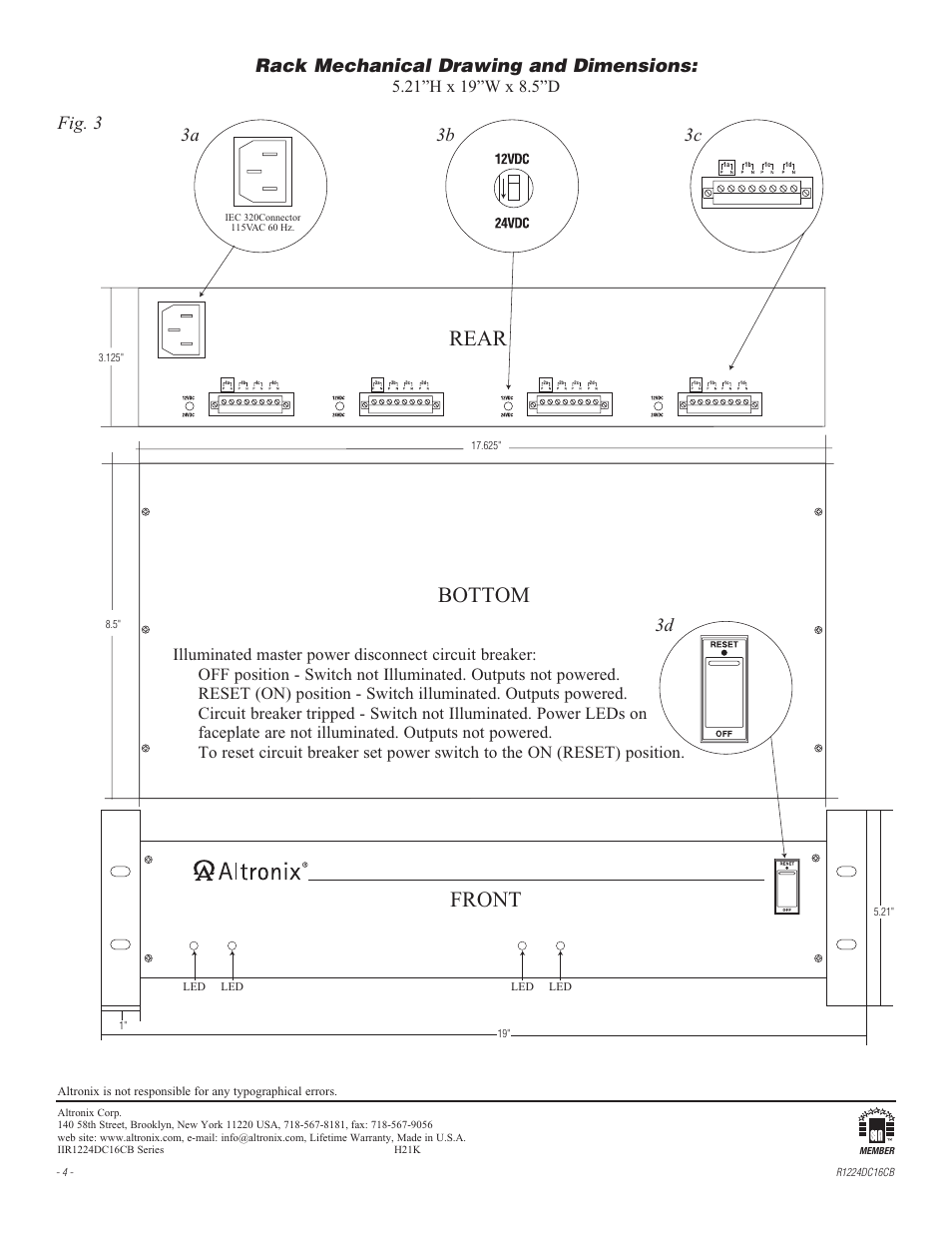Bottom front rear, Rack mechanical drawing and dimensions | Altronix R1224DC16CB Installation Instructions User Manual | Page 4 / 4