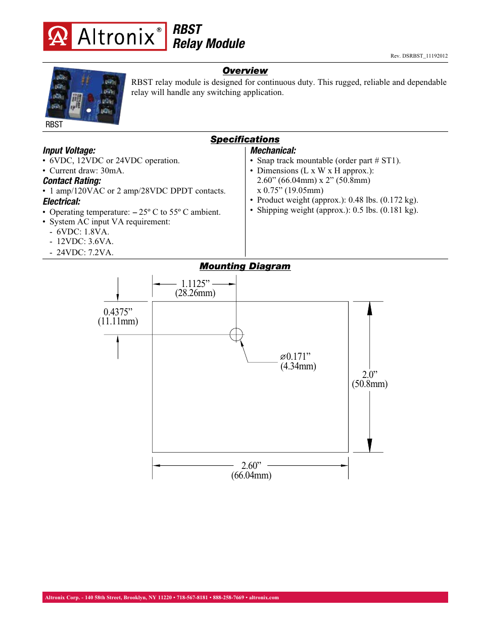 Altronix RBST Data Sheet User Manual | 1 page