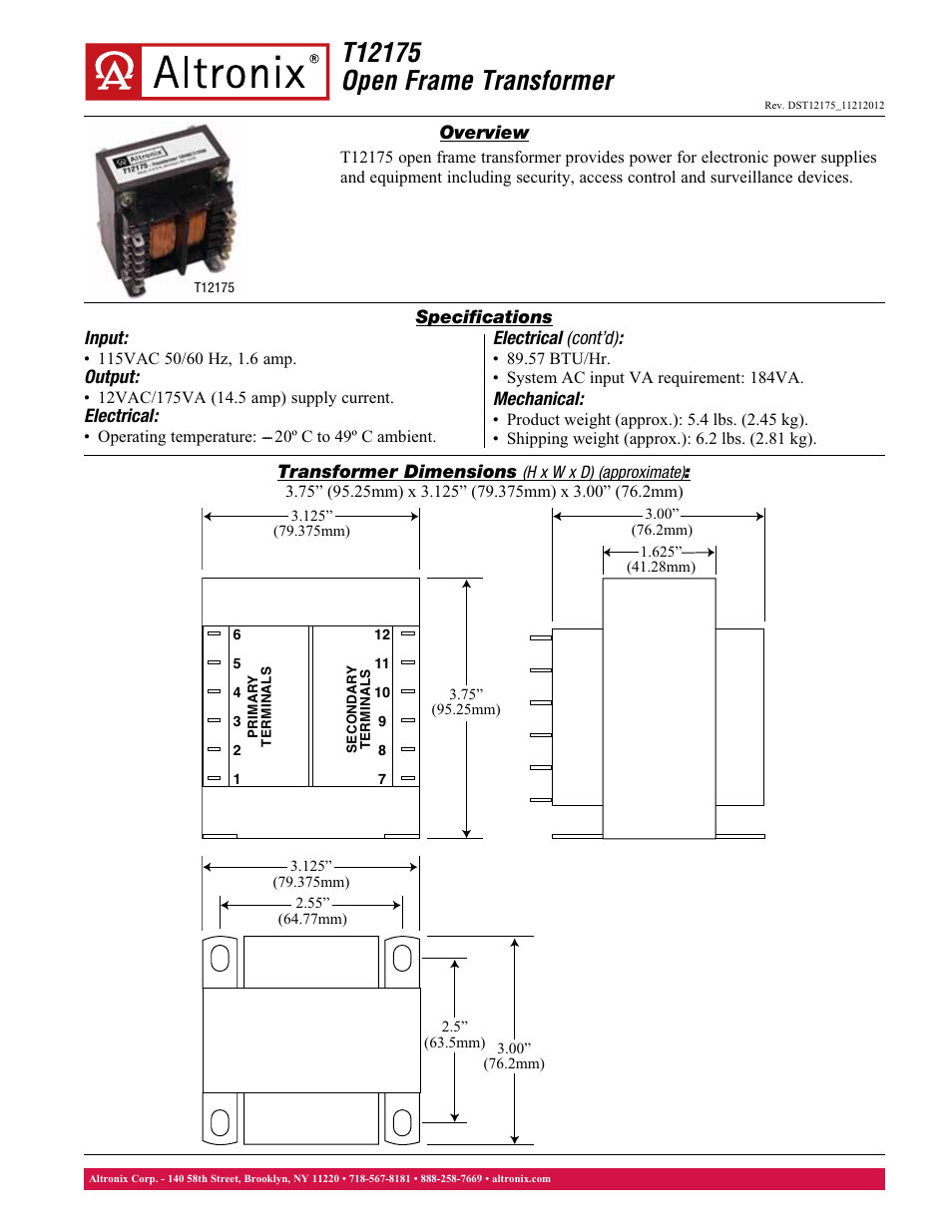 Altronix T12175 Data Sheet User Manual | 1 page