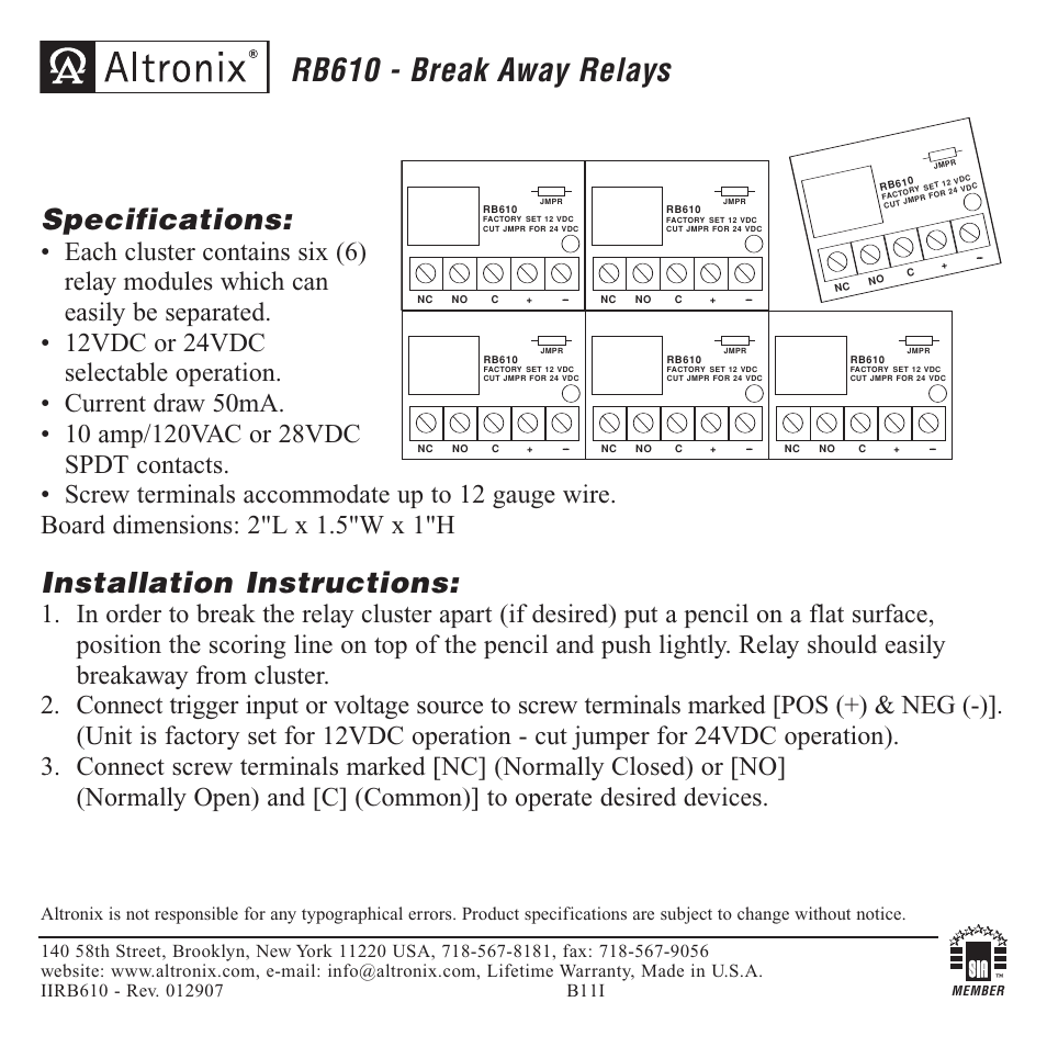 Altronix RB610 Installation Instructions User Manual | 1 page