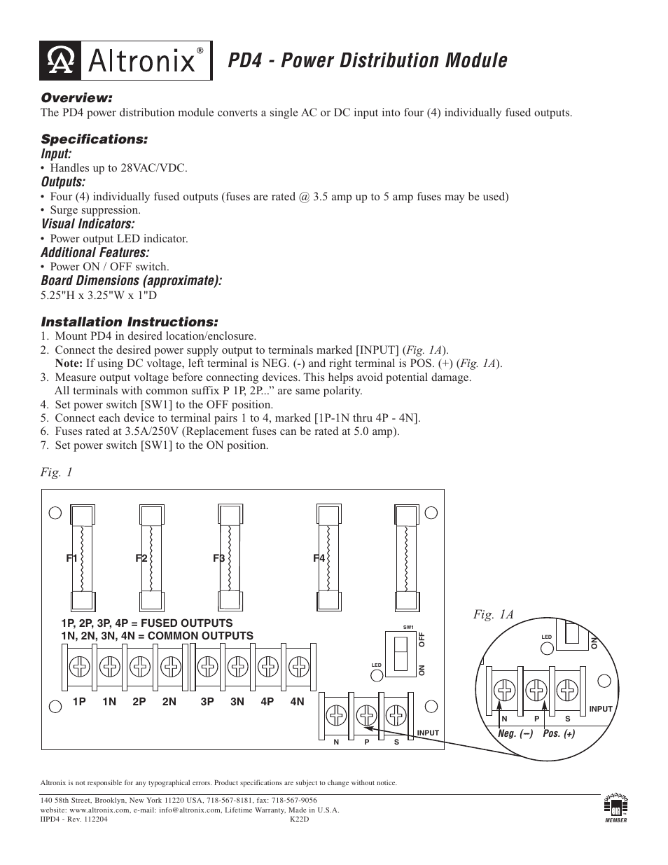 Altronix PD4 Installation Instructions User Manual | 1 page