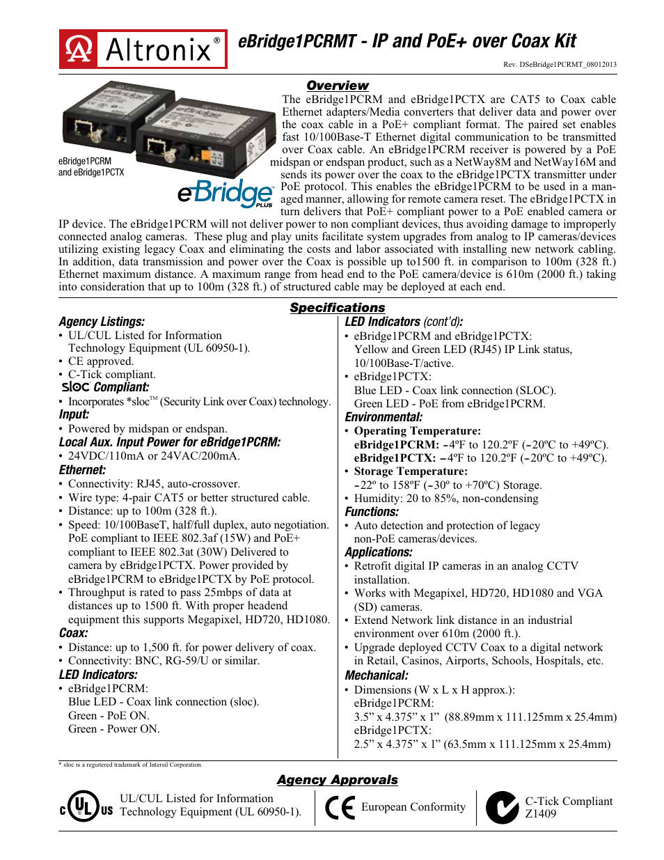 Altronix eBridge1PCRMT Data Sheet User Manual | 2 pages