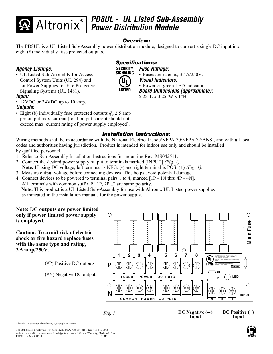 Altronix PD8UL Installation Instructions User Manual | 1 page