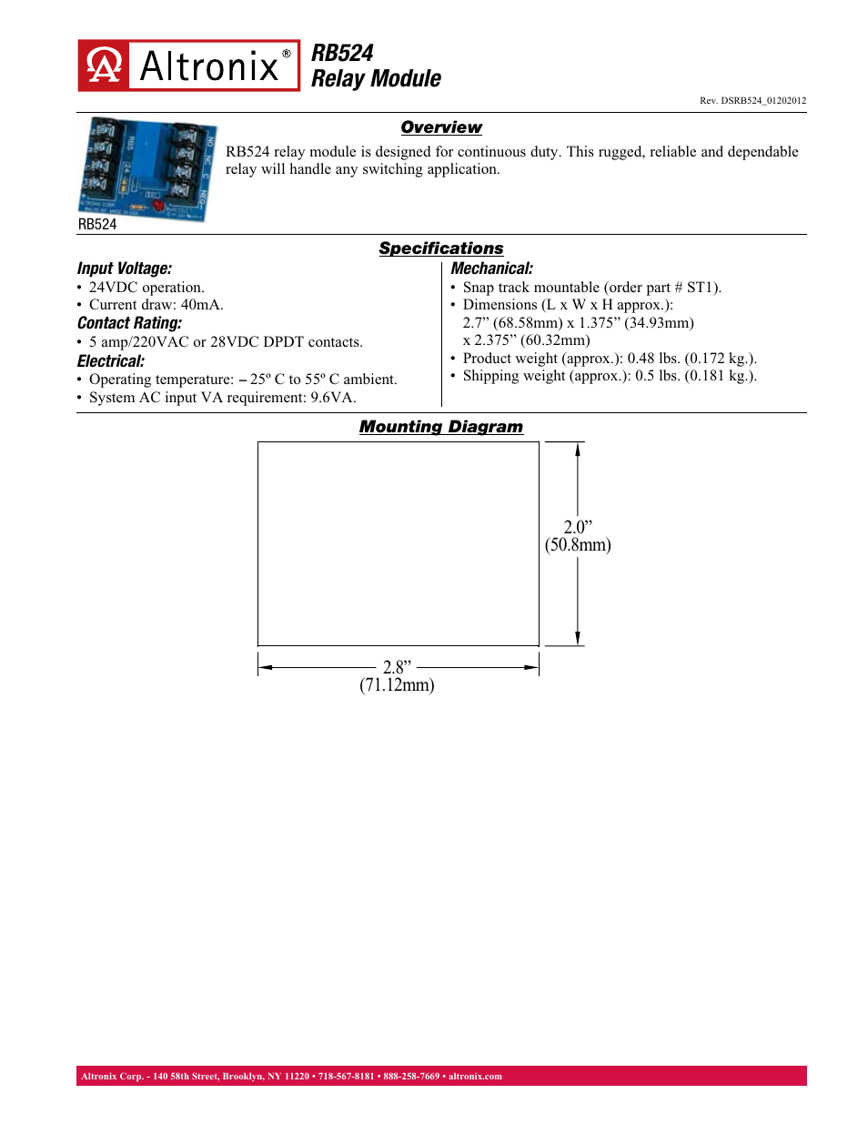 Altronix RB524 Data Sheet User Manual | 1 page