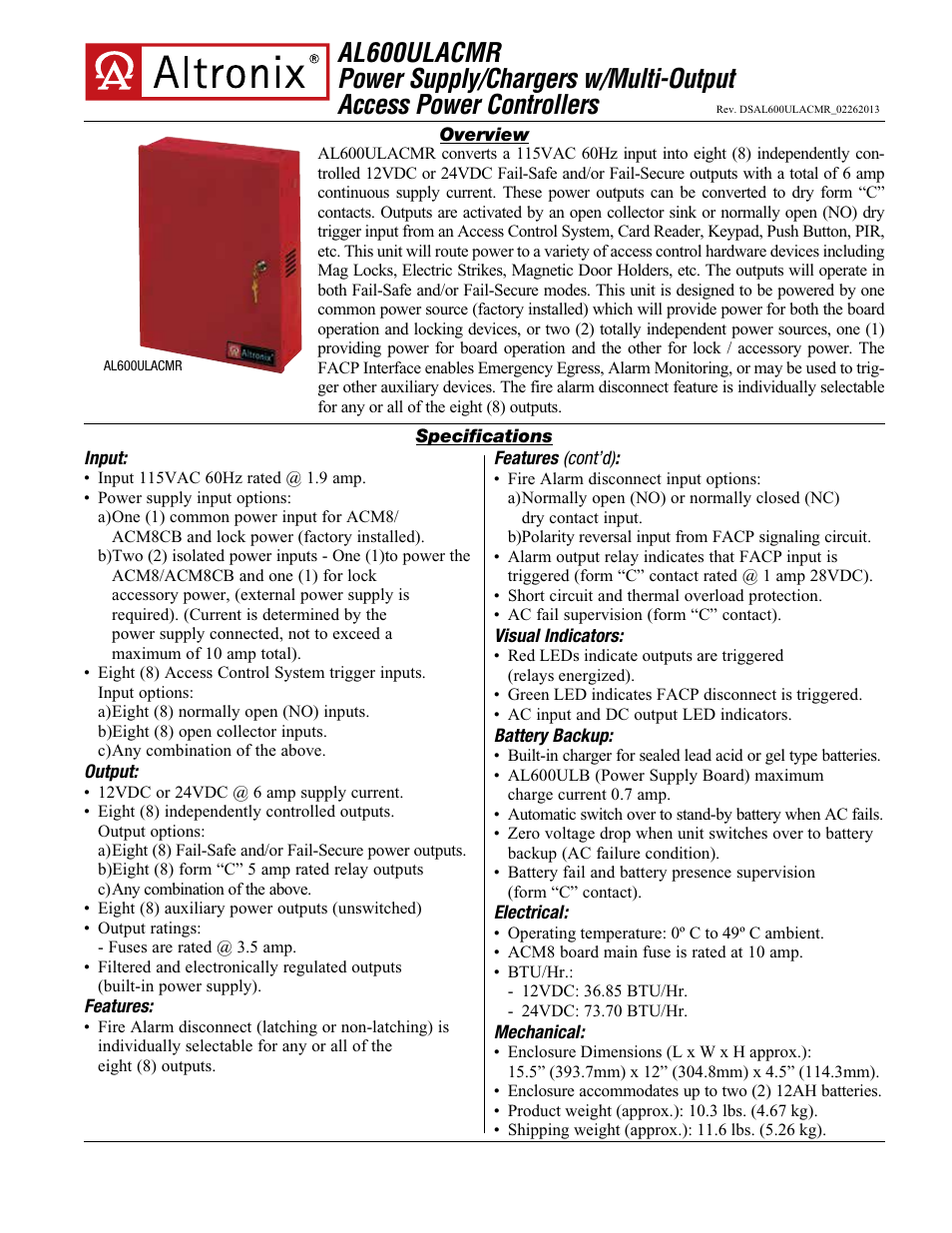 Altronix AL600ULACMR Data Sheet User Manual | 2 pages
