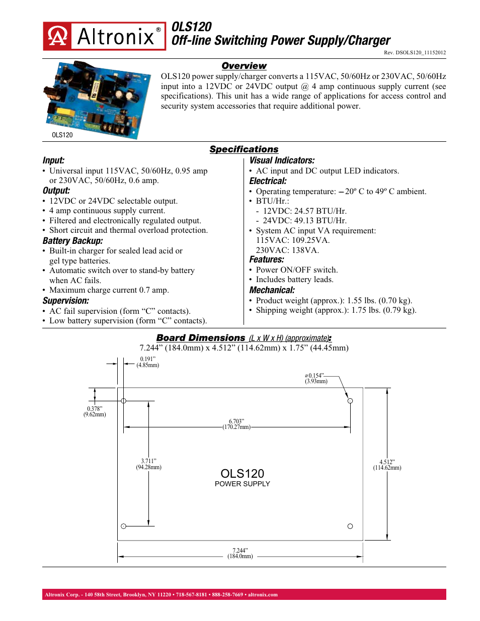 Altronix OLS120 Data Sheet User Manual | 1 page