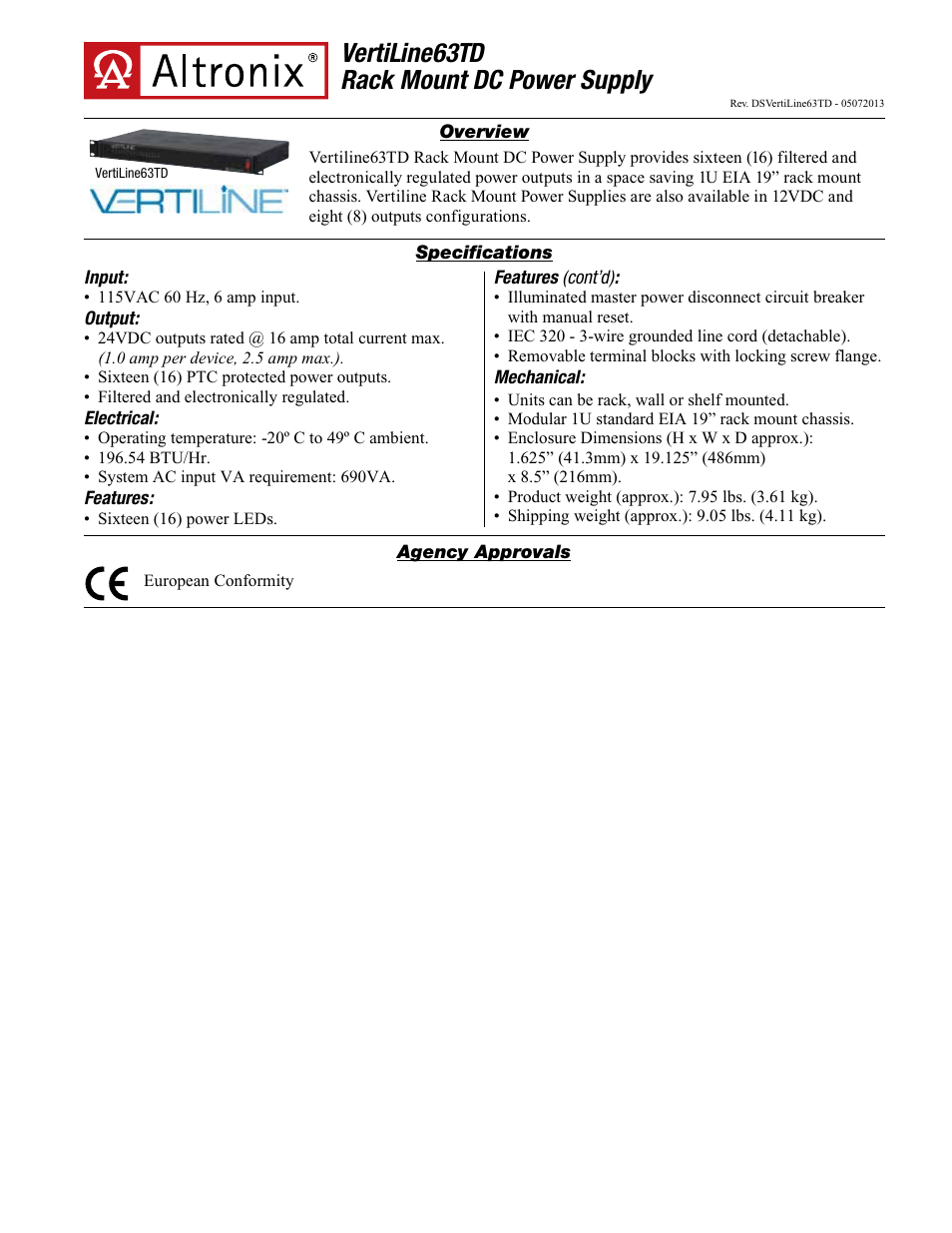 Altronix VertiLine63TD Data Sheet User Manual | 2 pages