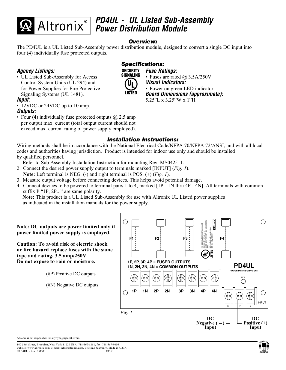 Altronix PD4UL Installation Instructions User Manual | 1 page