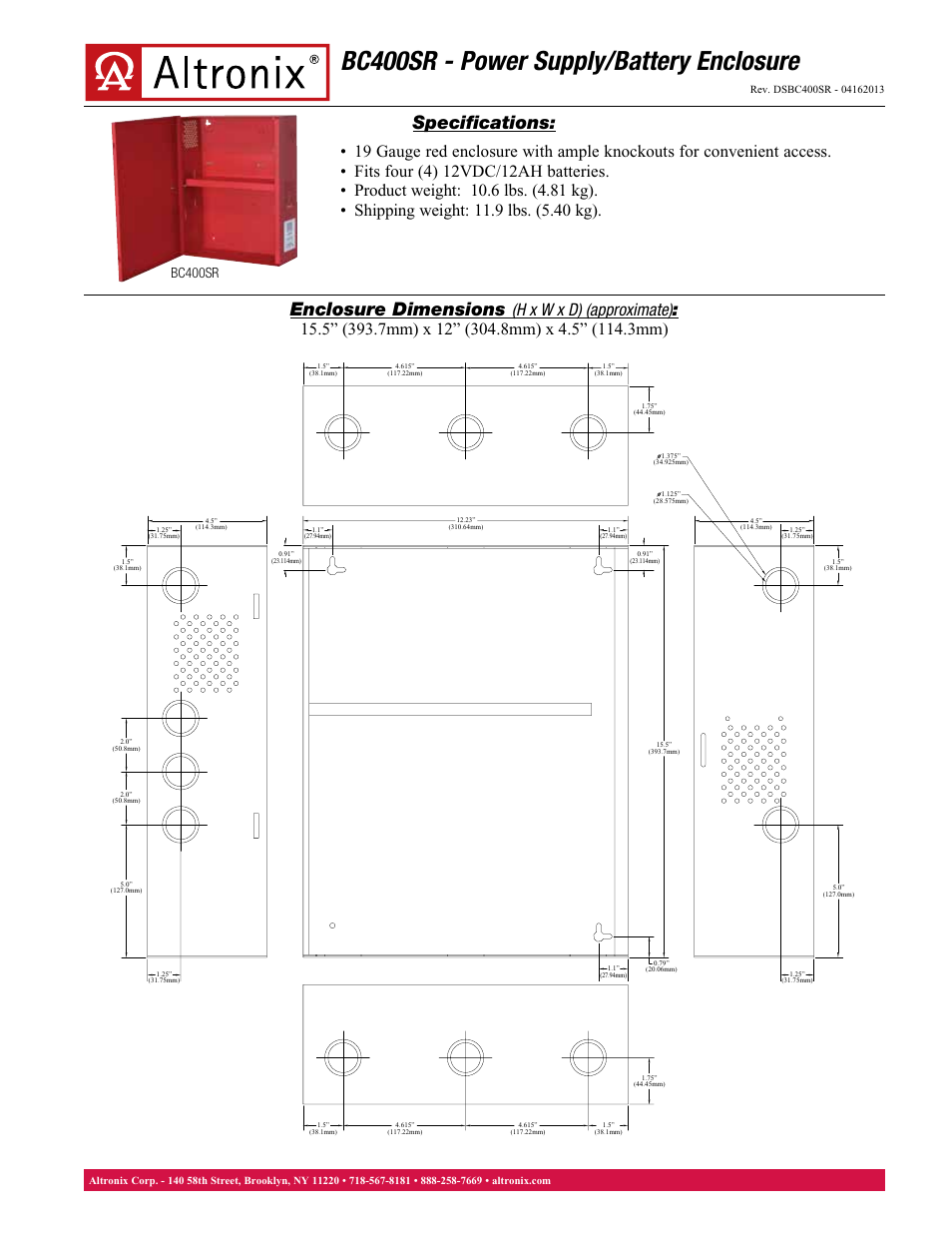 Altronix BC400SR Data Sheet User Manual | 1 page