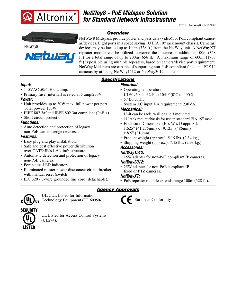 Altronix NetWay8 Data Sheet User Manual | 2 pages