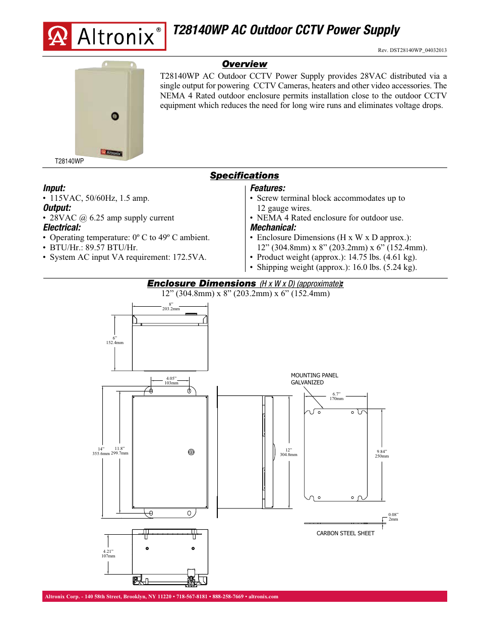 Altronix T28140WP Data Sheet User Manual | 1 page