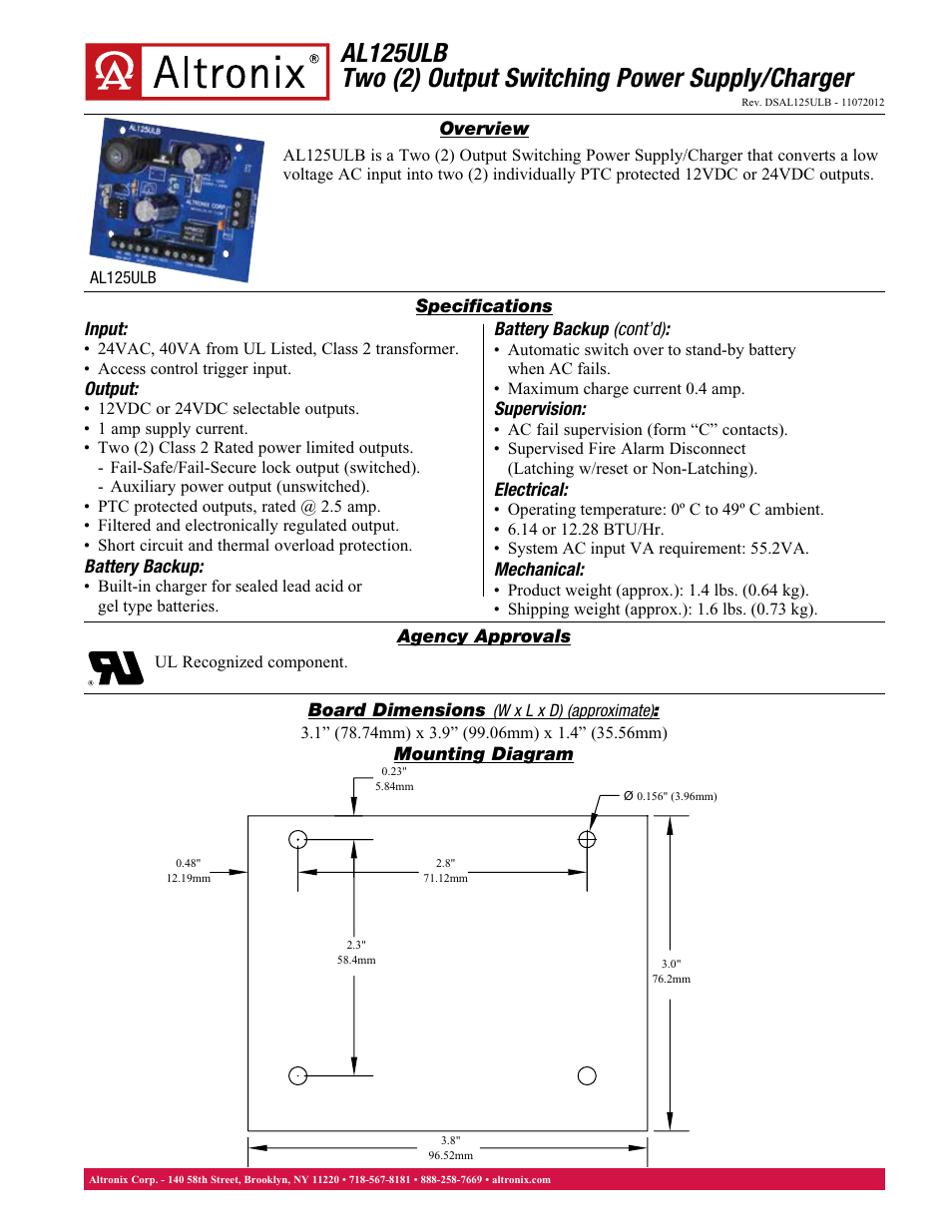 Altronix AL125ULB Data Sheet User Manual | 1 page