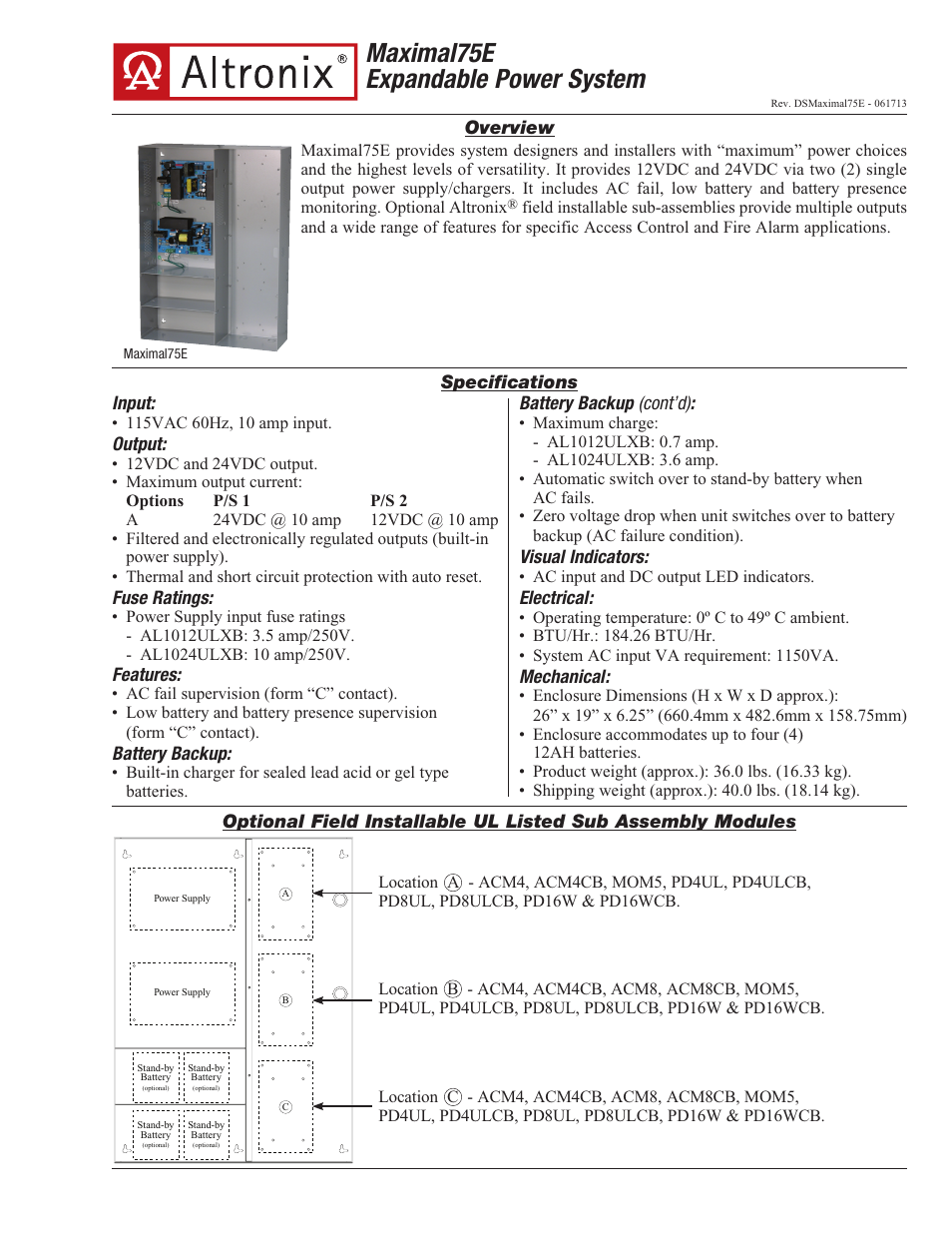 Altronix Maximal75E Data Sheet User Manual | 2 pages