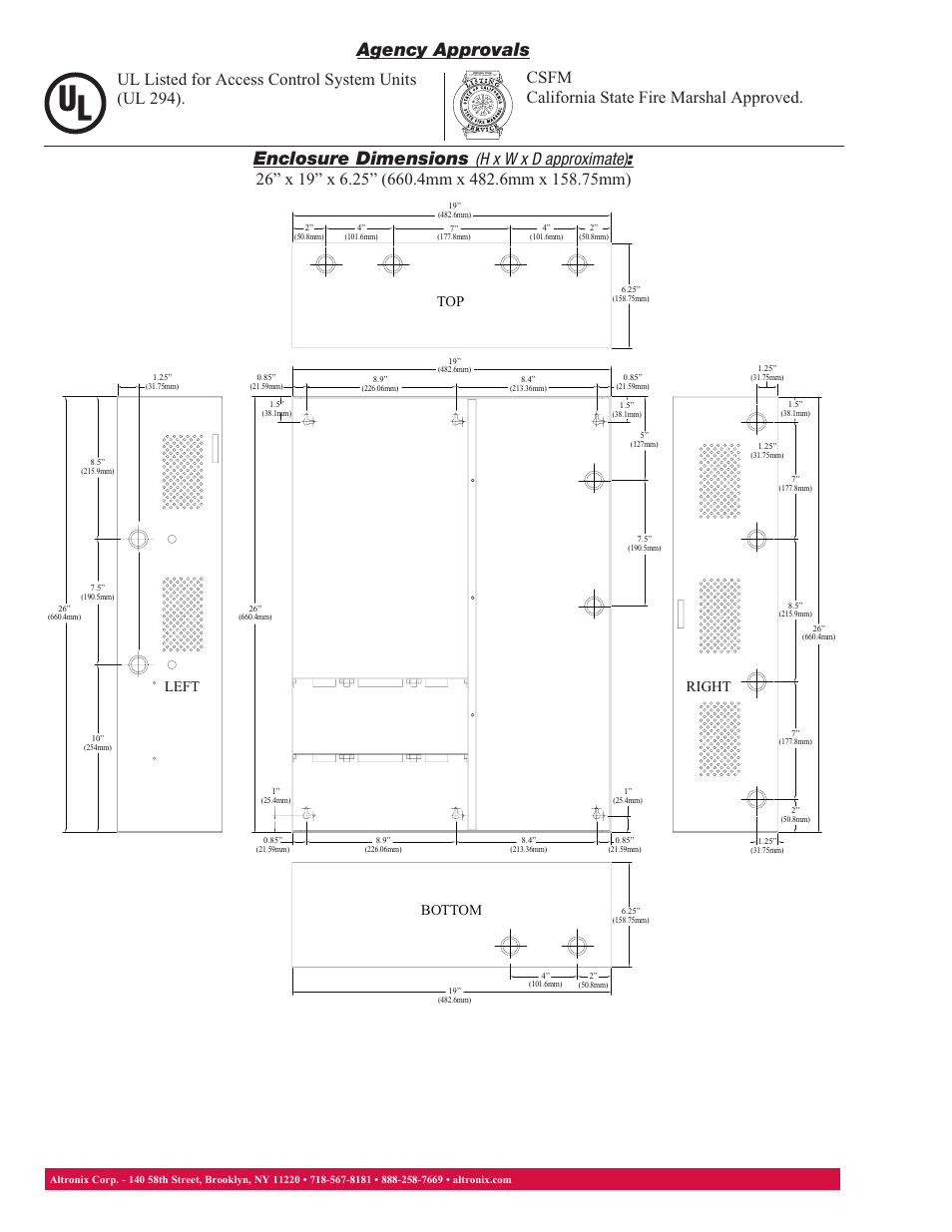 Enclosure dimensions, Agency approvals, Top left right bottom | Altronix Maximal75E Data Sheet User Manual | Page 2 / 2