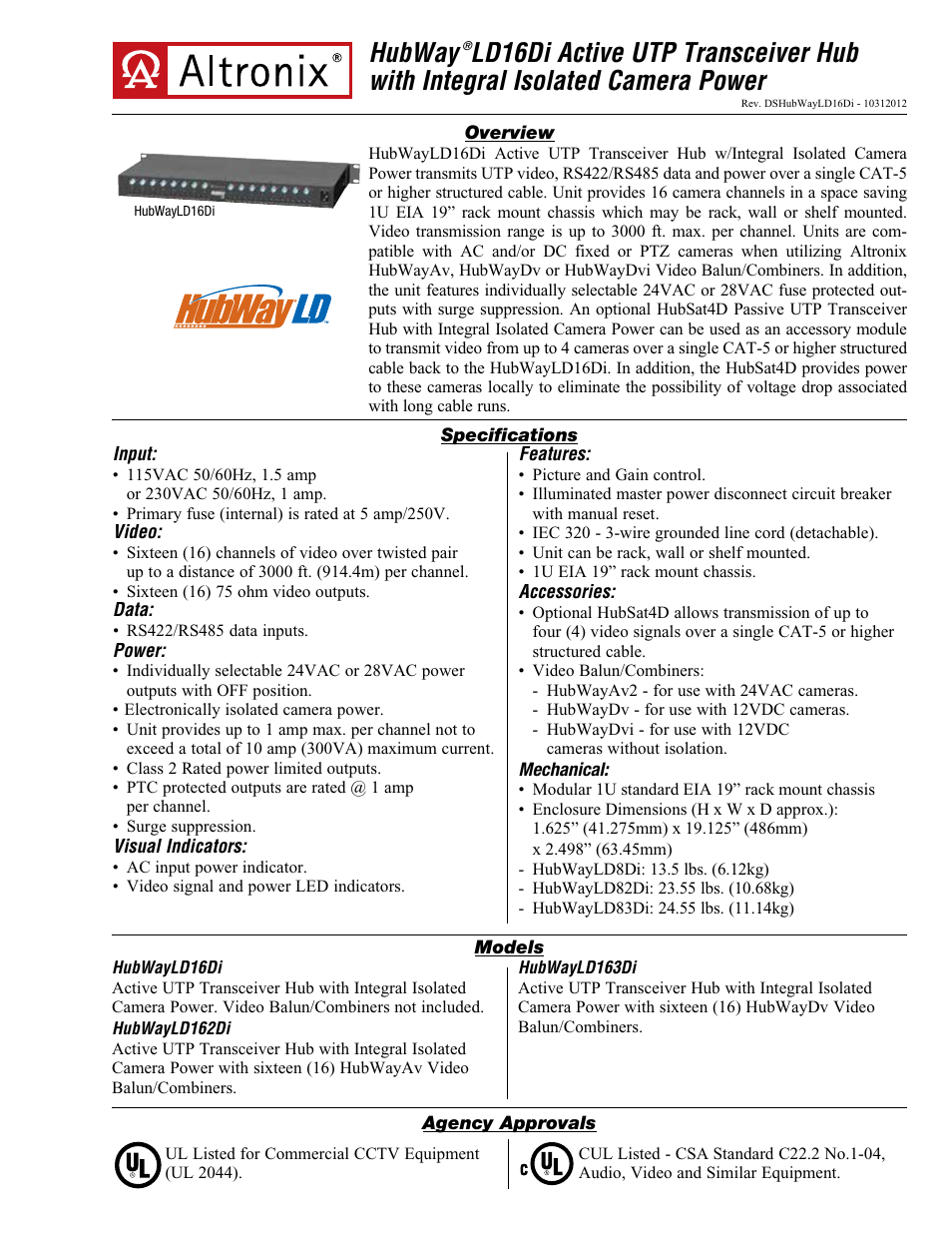 Altronix HubWay LD16Di Data Sheet User Manual | 2 pages