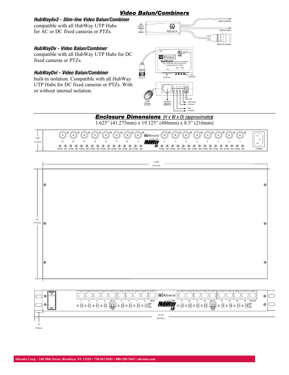 Video balun/combiners, Enclosure dimensions | Altronix HubWay LD16Di Data Sheet User Manual | Page 2 / 2