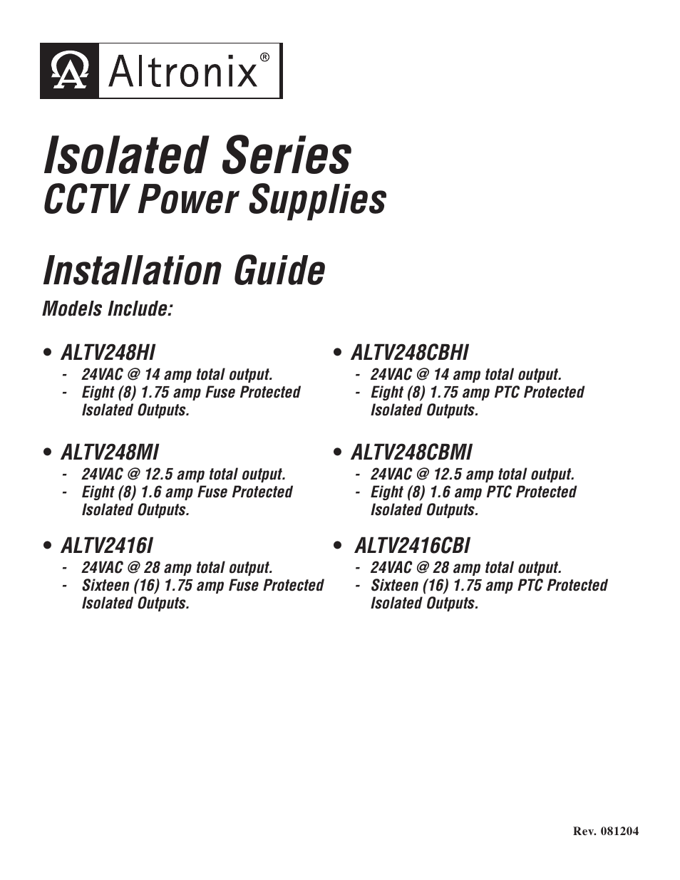 Altronix ALTV248ULMI3 Installation Instructions User Manual | 8 pages