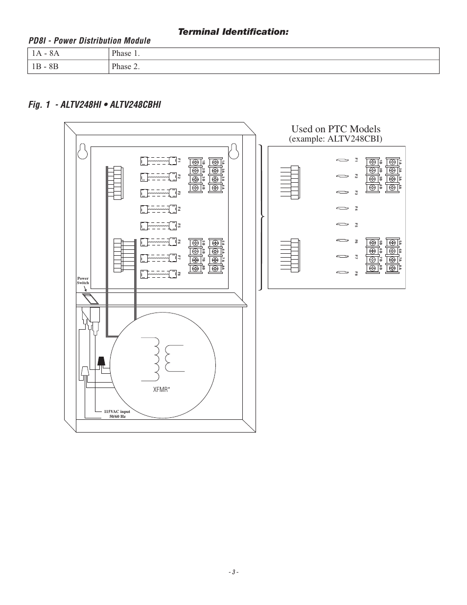 Used on ptc models, Terminal identification, Example: altv248cbi) | Xfmr | Altronix ALTV248ULMI3 Installation Instructions User Manual | Page 3 / 8