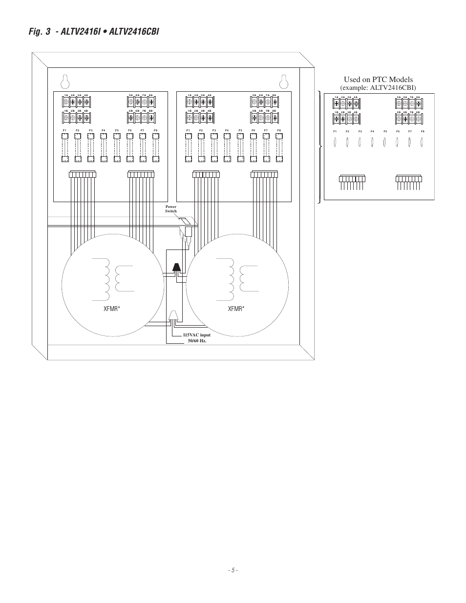Used on ptc models, Example: altv2416cbi), Xfmr | Altronix ALTV248ULMI3 Installation Instructions User Manual | Page 5 / 8