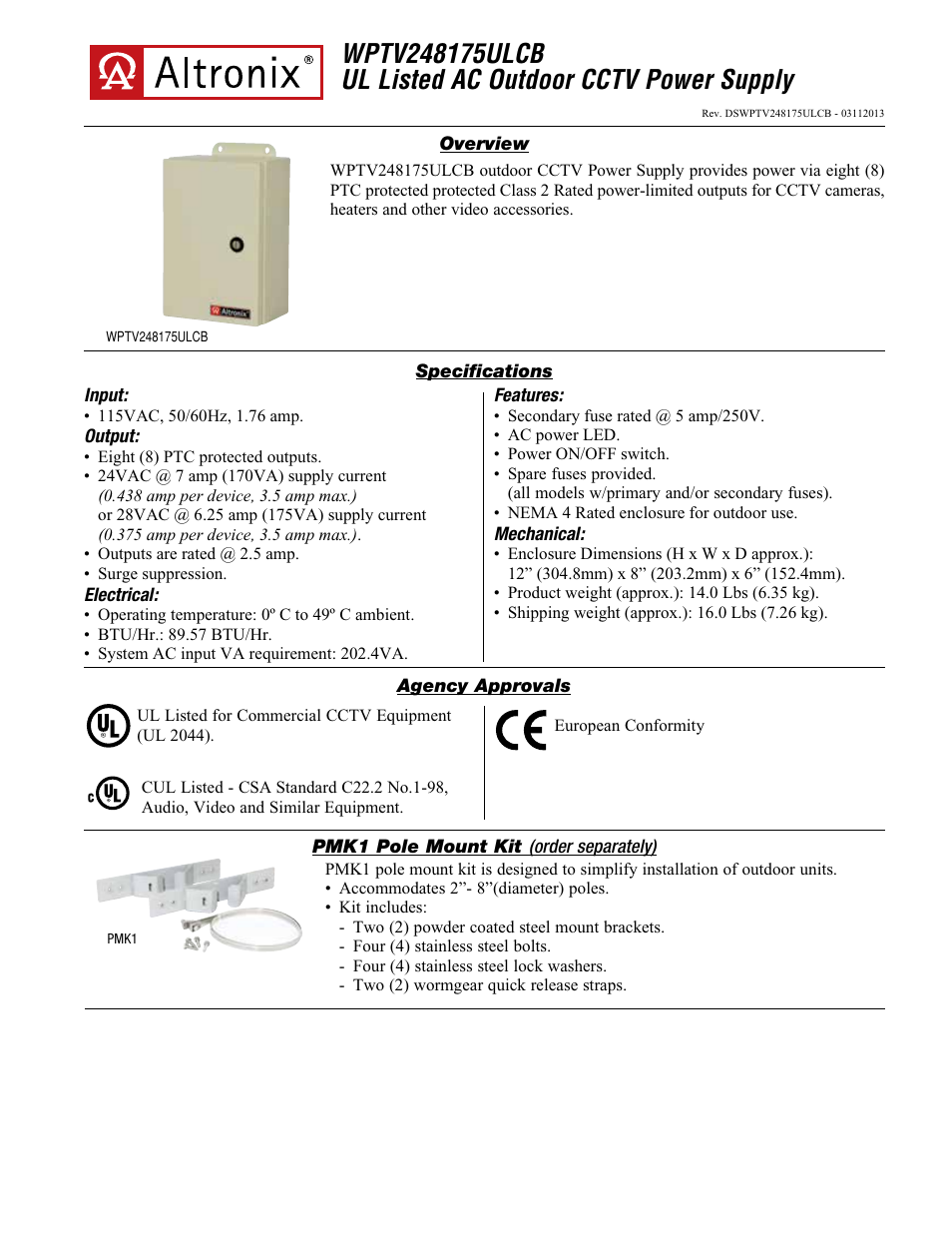 Altronix WPTV248175ULCB Data Sheet User Manual | 2 pages