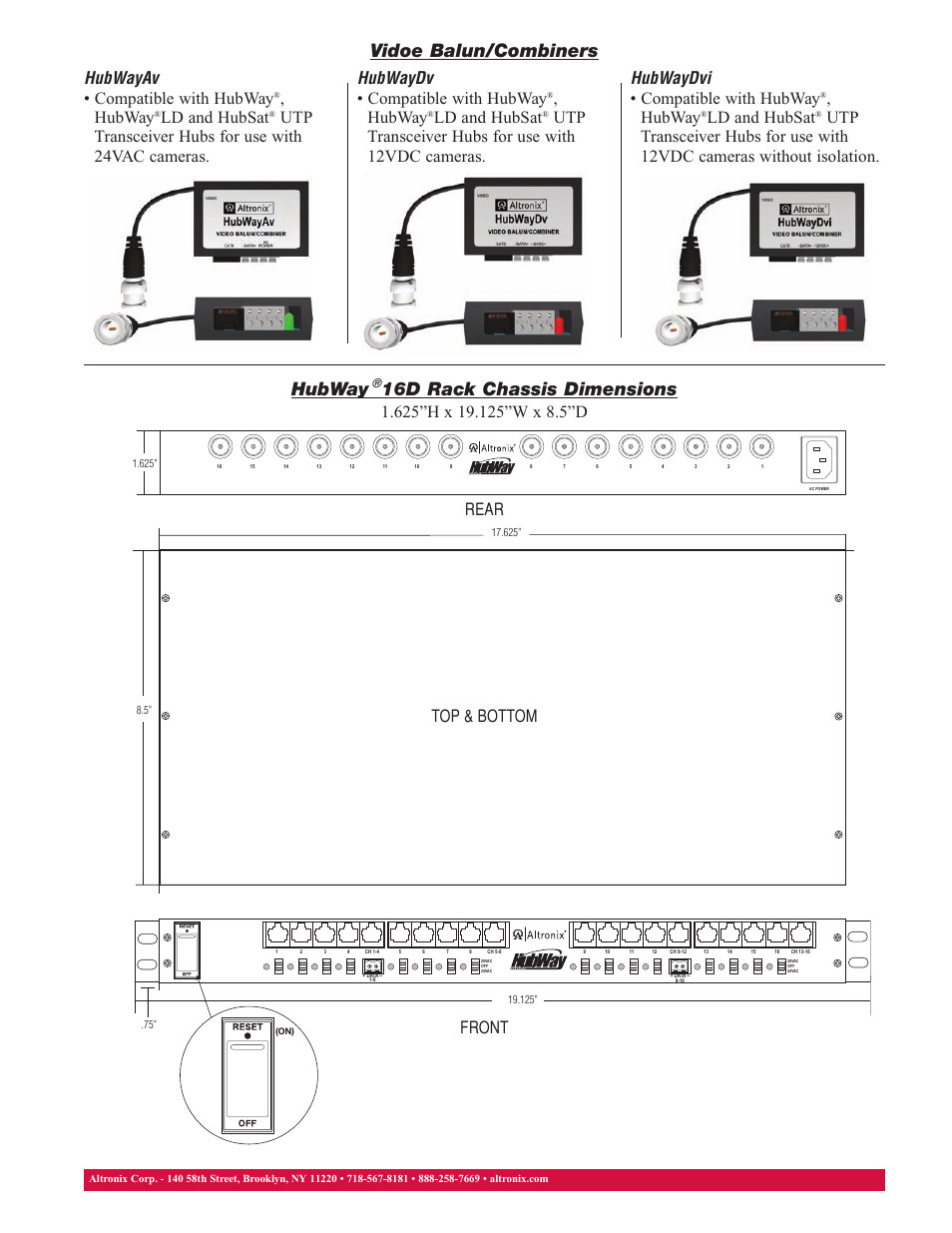 Hubway 16d rack chassis dimensions, Vidoe balun/combiners, Rear | Hubwayav • compatible with hubway, Hubway, Ld and hubsat | Altronix HubWay 16D Data Sheet User Manual | Page 2 / 2