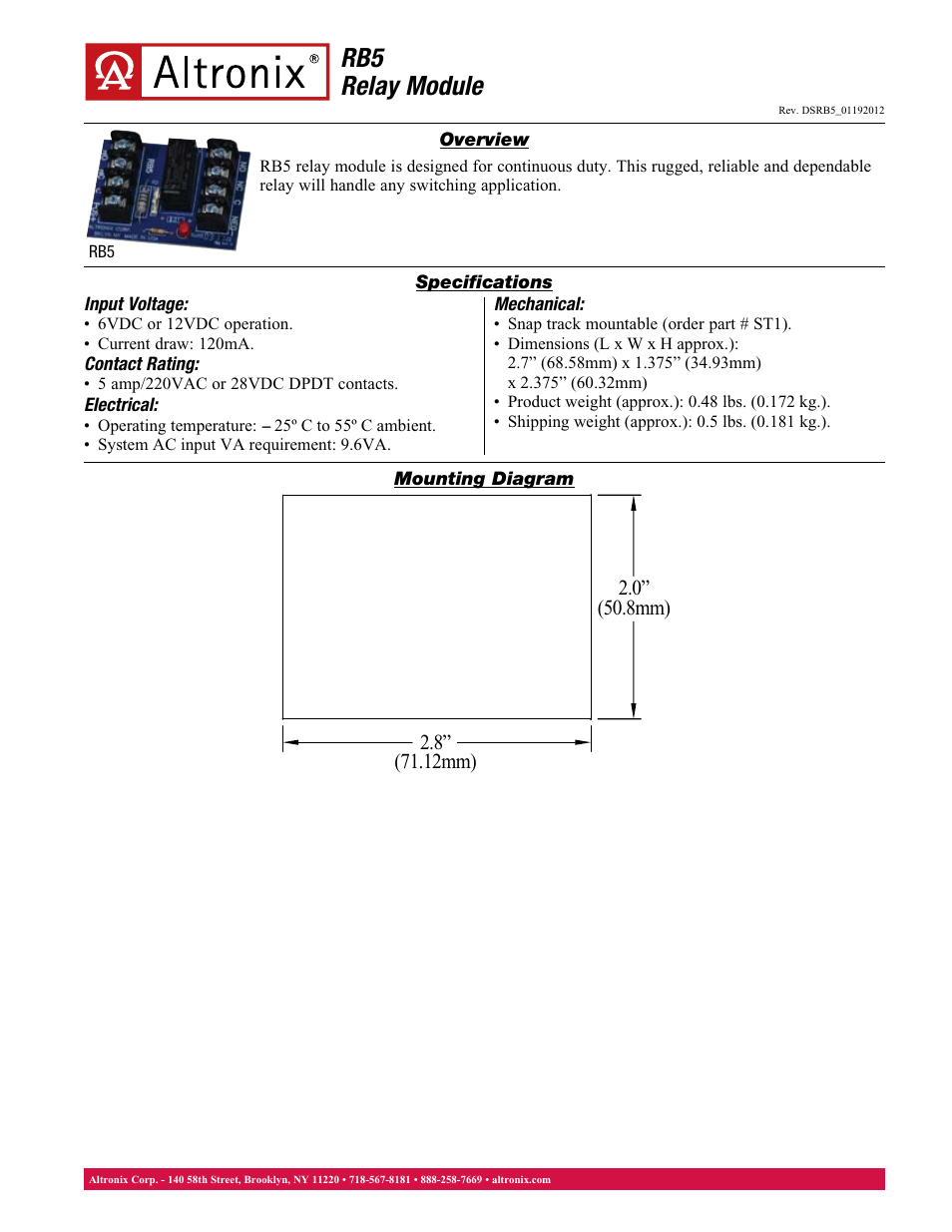 Altronix RB5 Data Sheet User Manual | 1 page