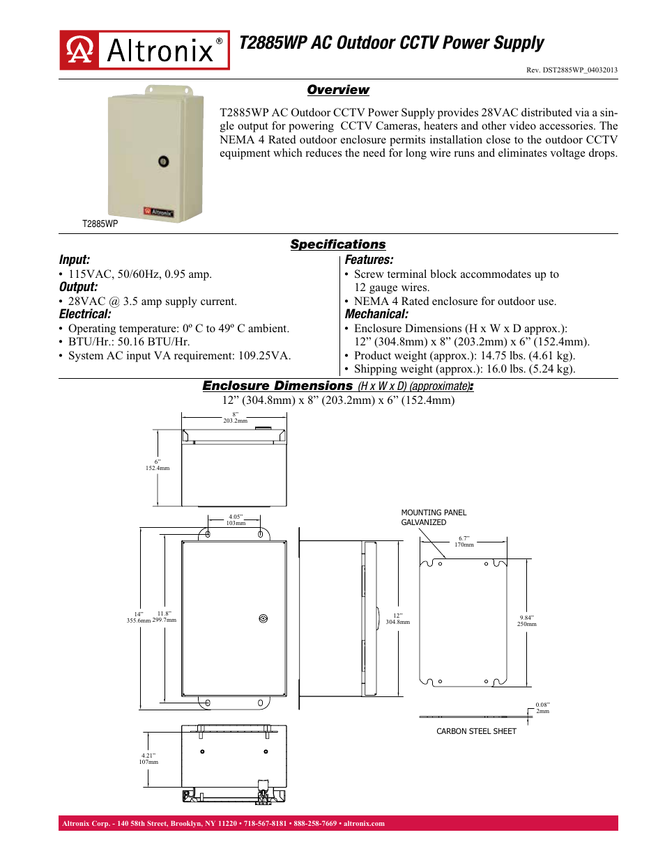 Altronix T2885WP Data Sheet User Manual | 1 page