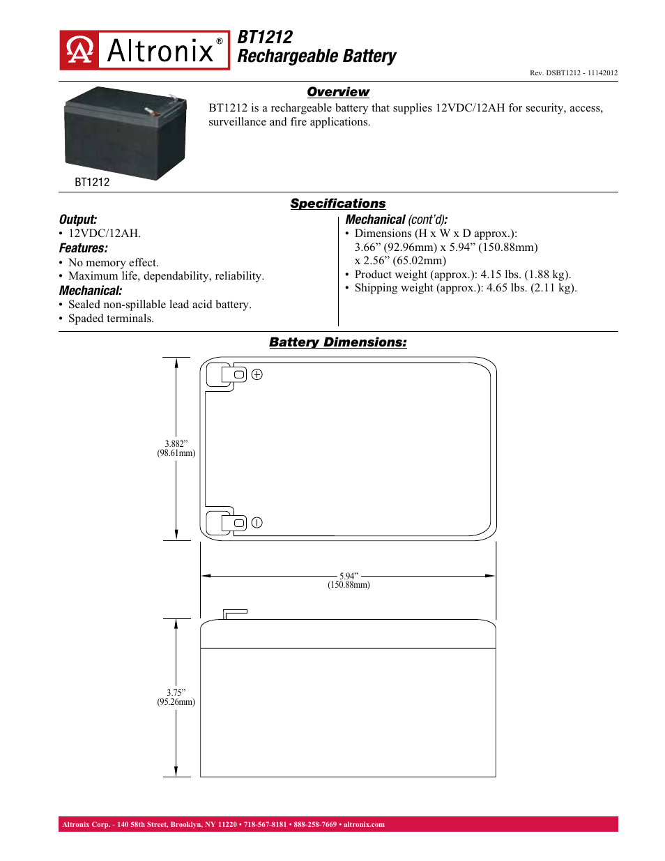 Altronix BT1212 Data Sheet User Manual | 1 page