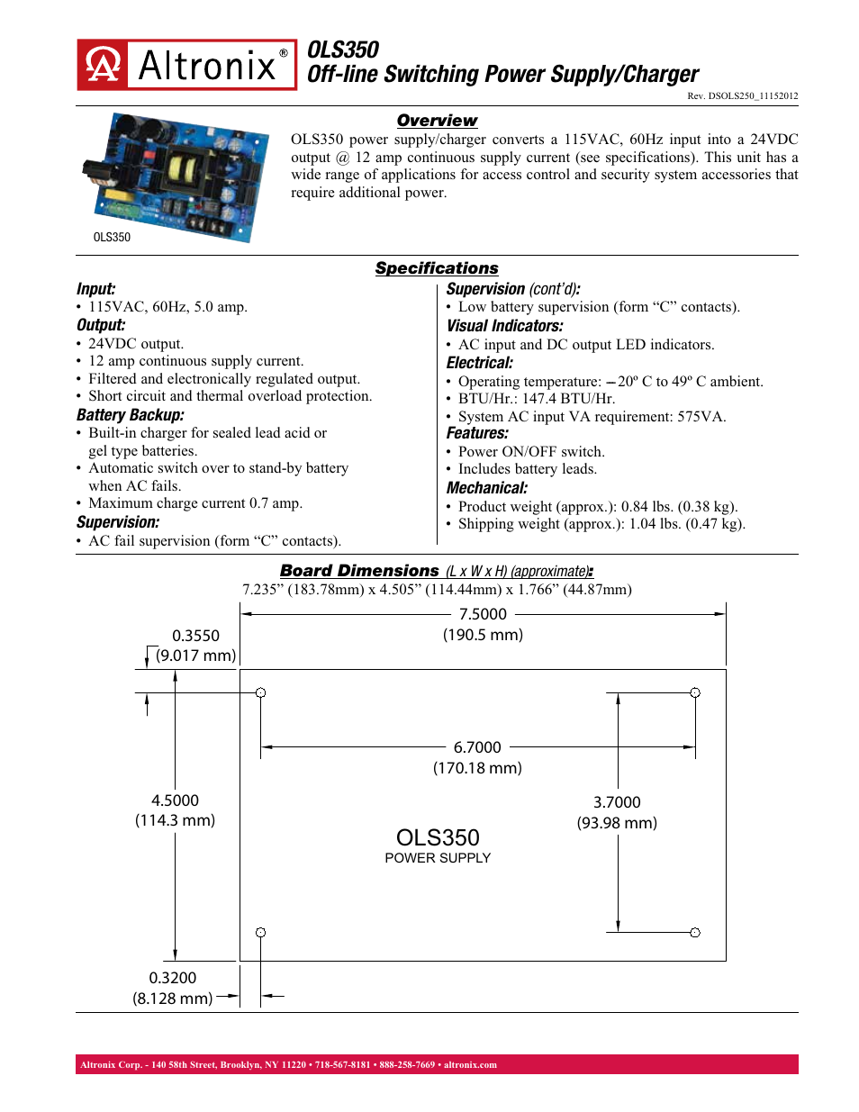 Altronix OLS350 Data Sheet User Manual | 1 page