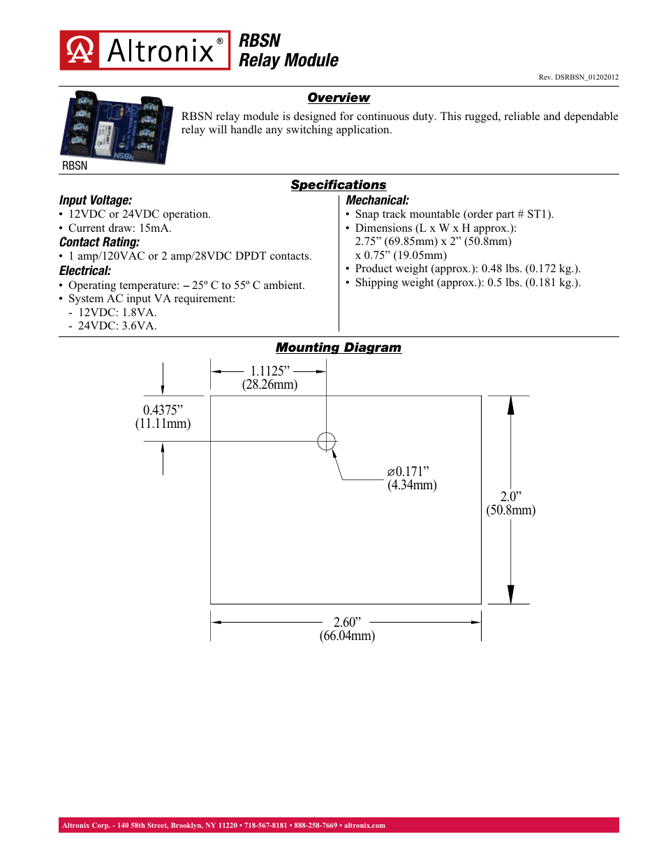 Altronix RBSN Data Sheet User Manual | 1 page