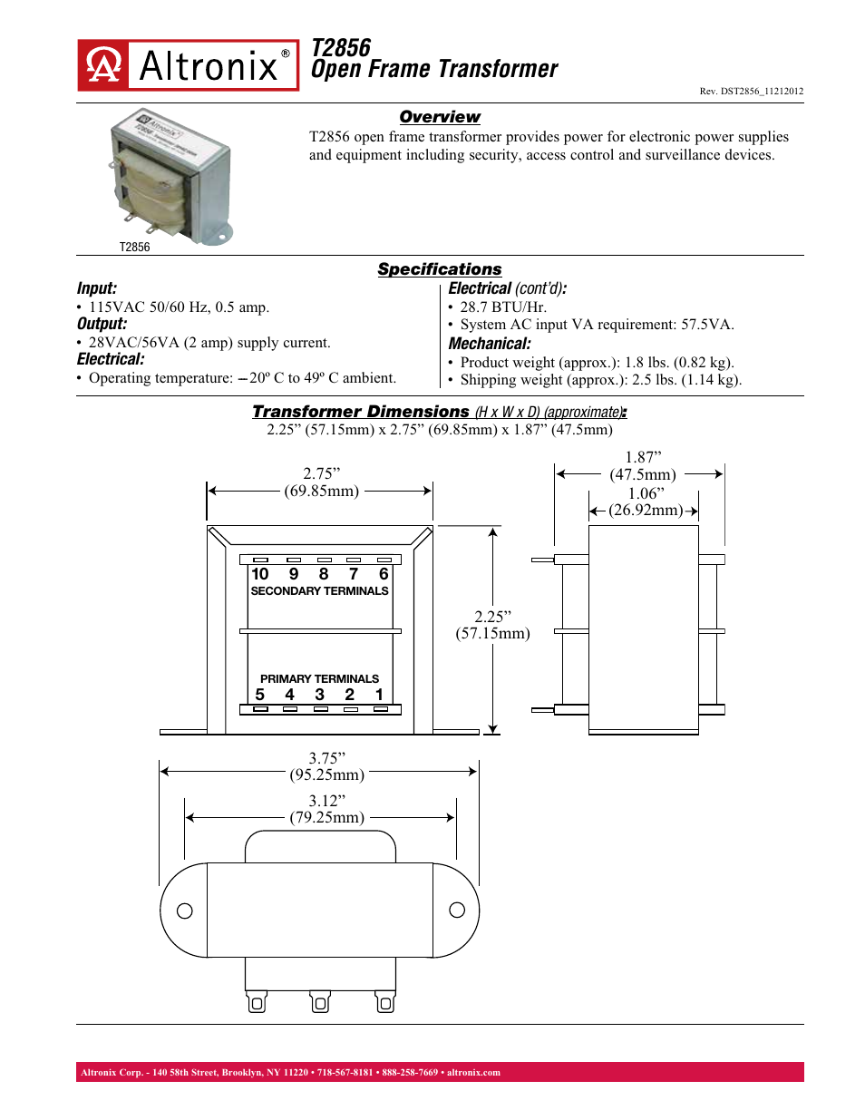 Altronix T2856 Data Sheet User Manual | 1 page