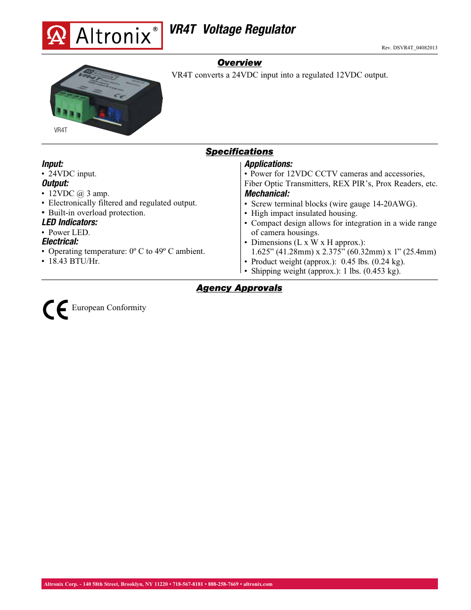 Altronix VR4T Data Sheet User Manual | 1 page