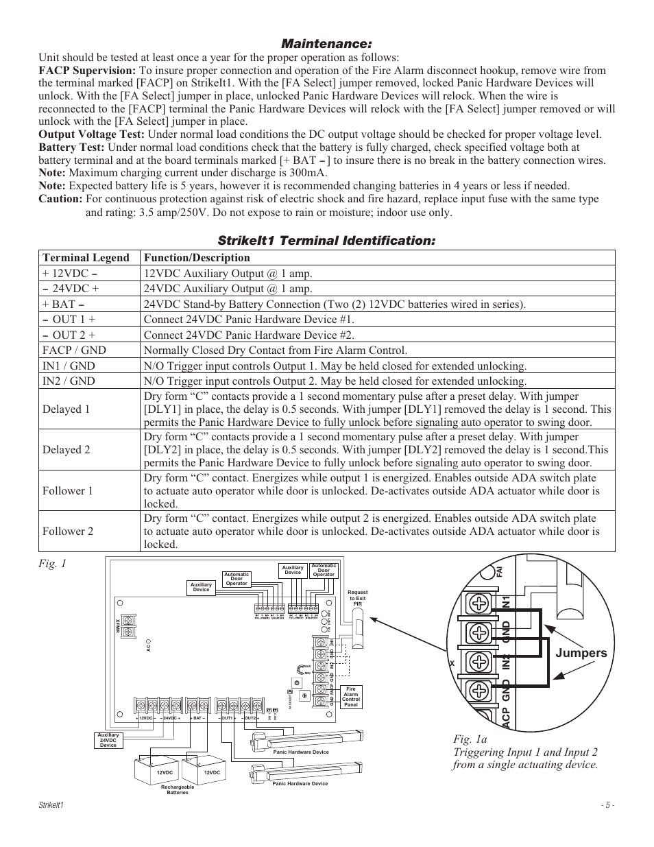 Maintenance, Strikeit1 terminal identification, Request to exit pir jumpers | Altronix StrikeIt1 Installation Instructions User Manual | Page 5 / 8