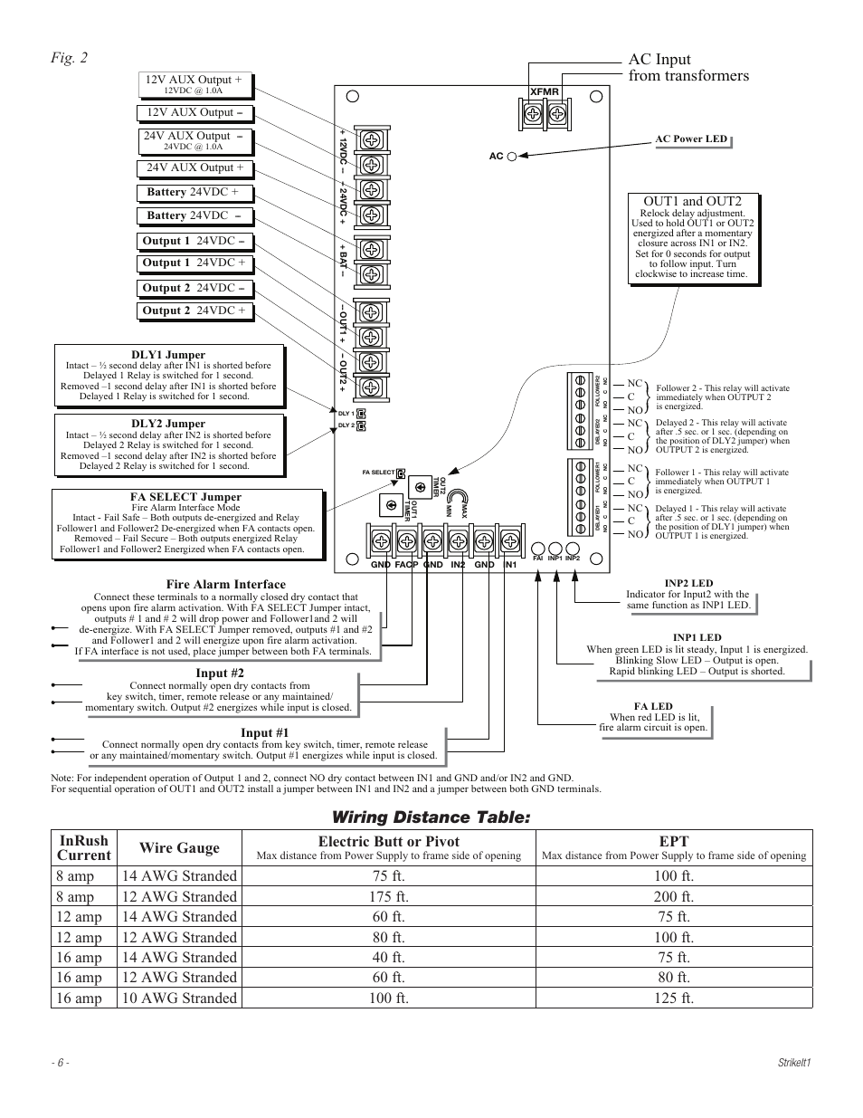 Wiring distance table, Ac input from transformers, Fig. 2 | Inrush current wire gauge electric butt or pivot, Out1 and out2 | Altronix StrikeIt1 Installation Instructions User Manual | Page 6 / 8