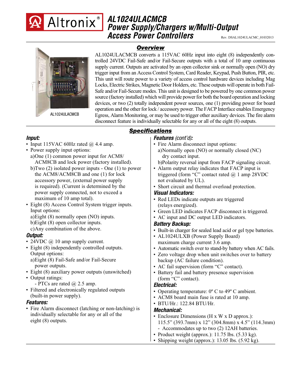 Altronix AL1024ULACMCB Data Sheet User Manual | 2 pages