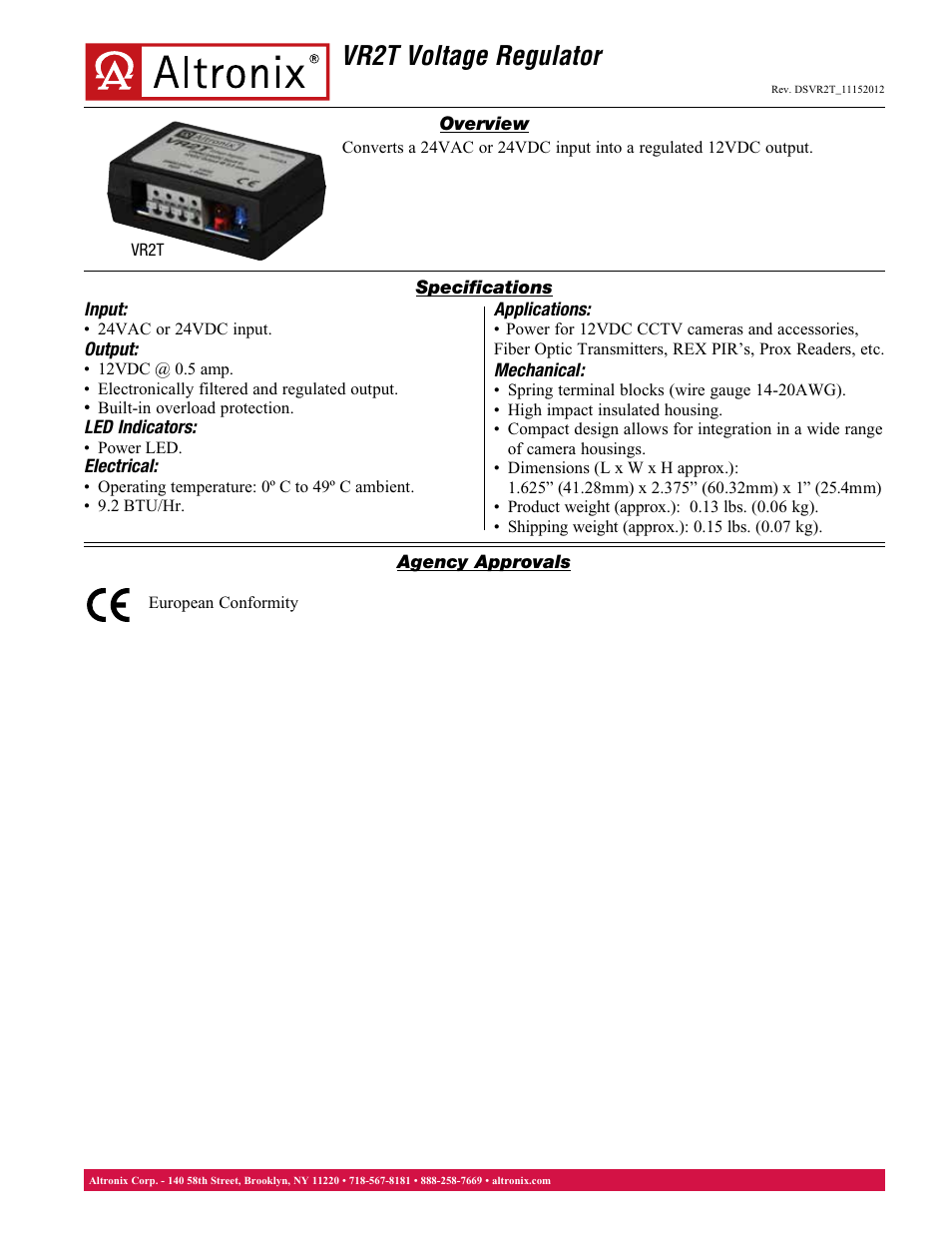 Altronix VR2T Data Sheet User Manual | 1 page