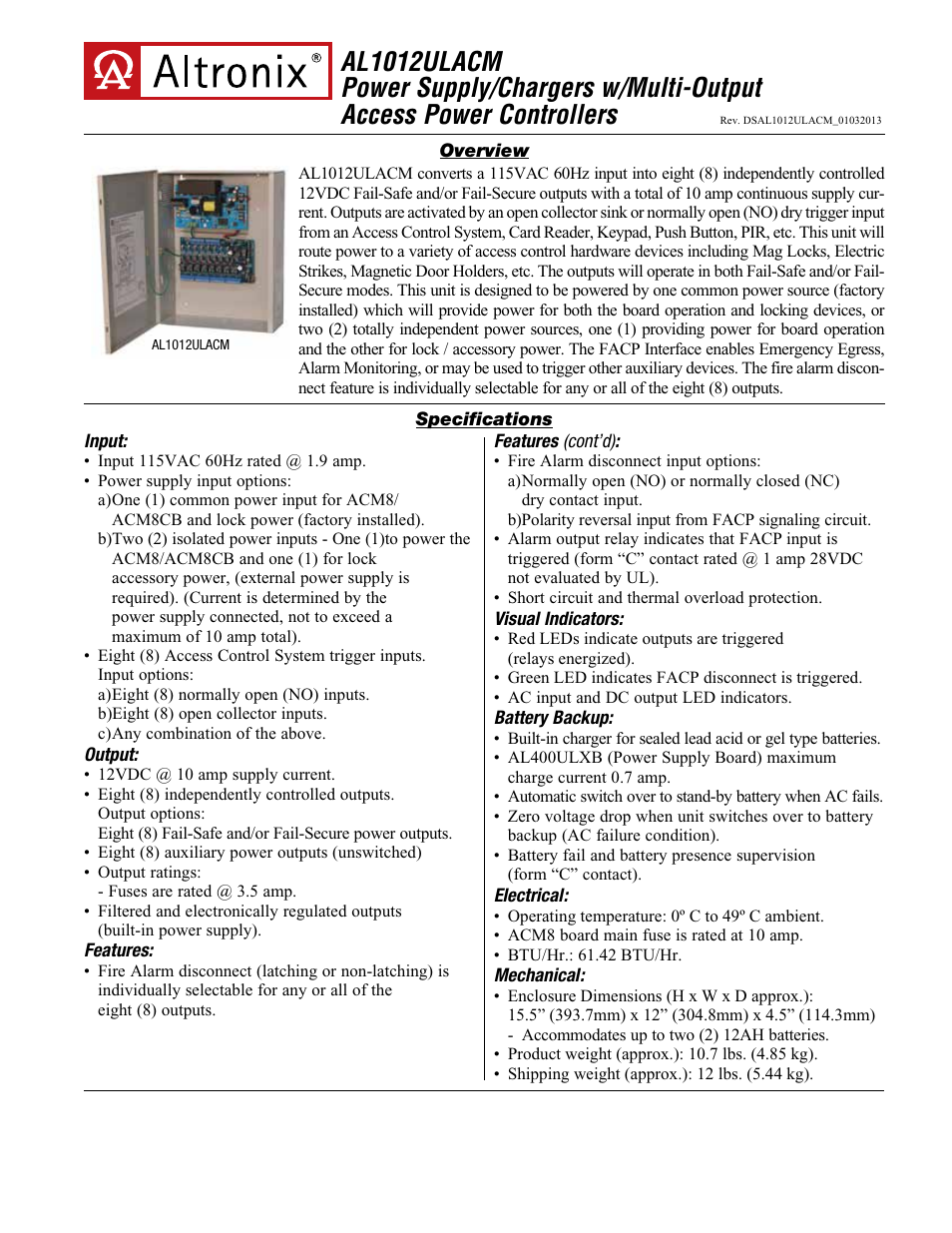 Altronix AL1012ULACM Data Sheet User Manual | 2 pages