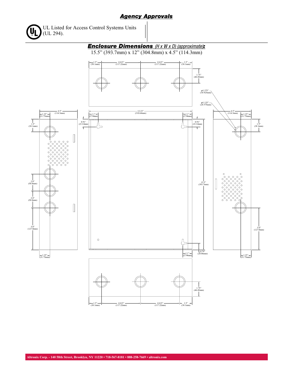 Agency approvals enclosure dimensions | Altronix AL1012ULACM Data Sheet User Manual | Page 2 / 2