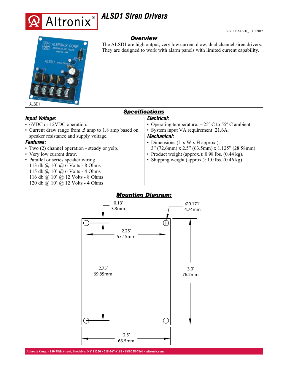 Altronix ALSD1 Data Sheet User Manual | 1 page