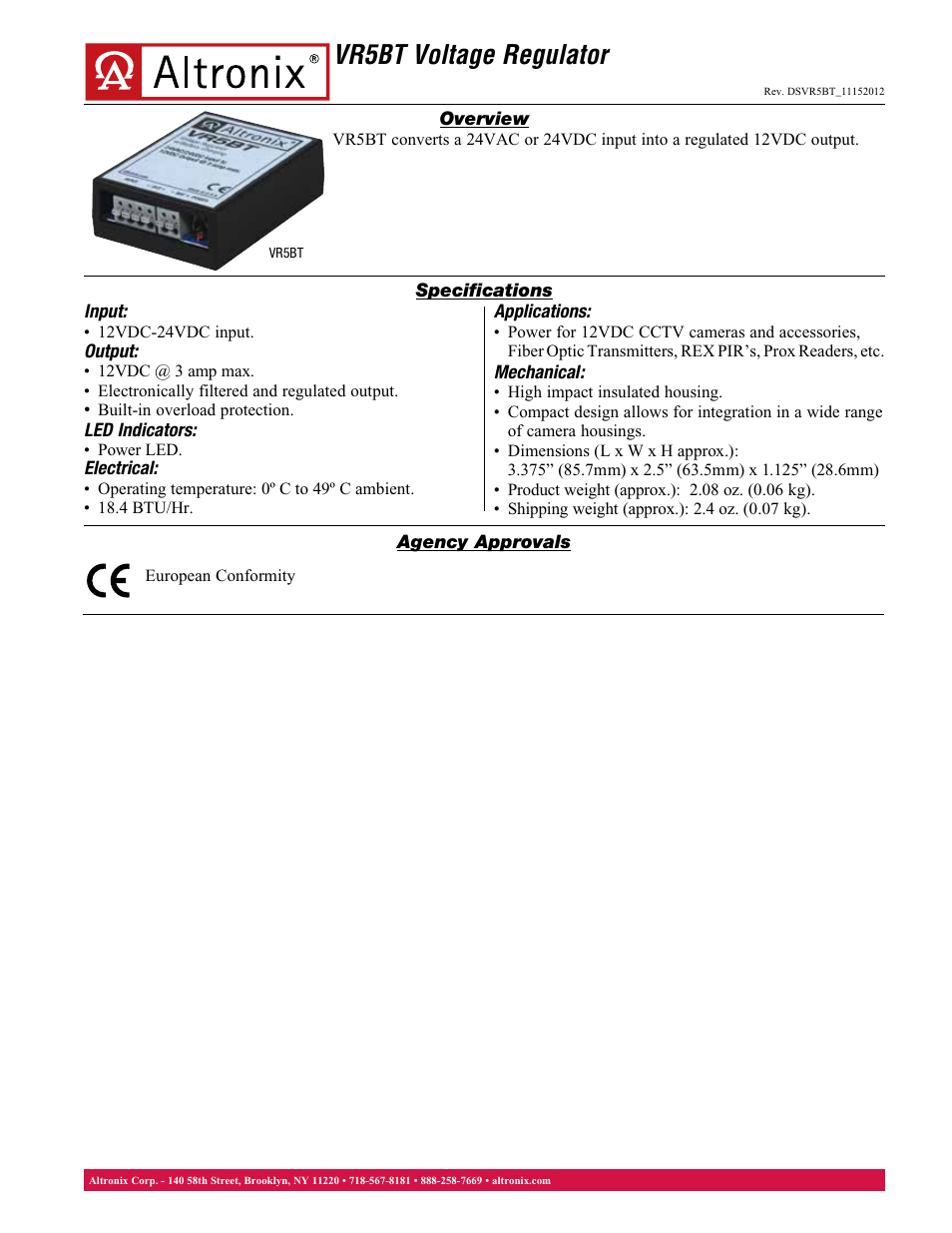 Altronix VR5BT Data Sheet User Manual | 1 page