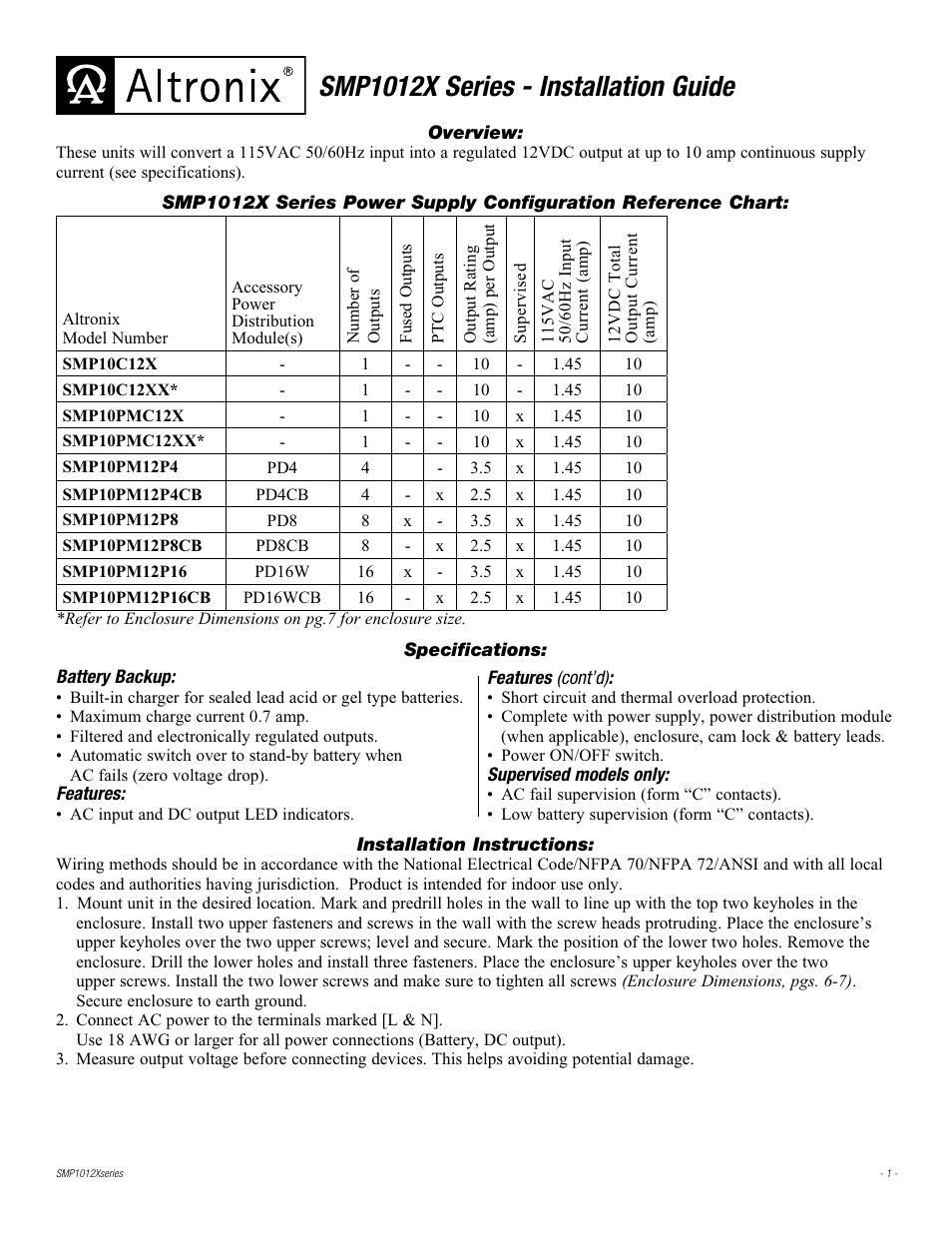 Altronix SMP10PMC12X Installation Instructions User Manual | 8 pages