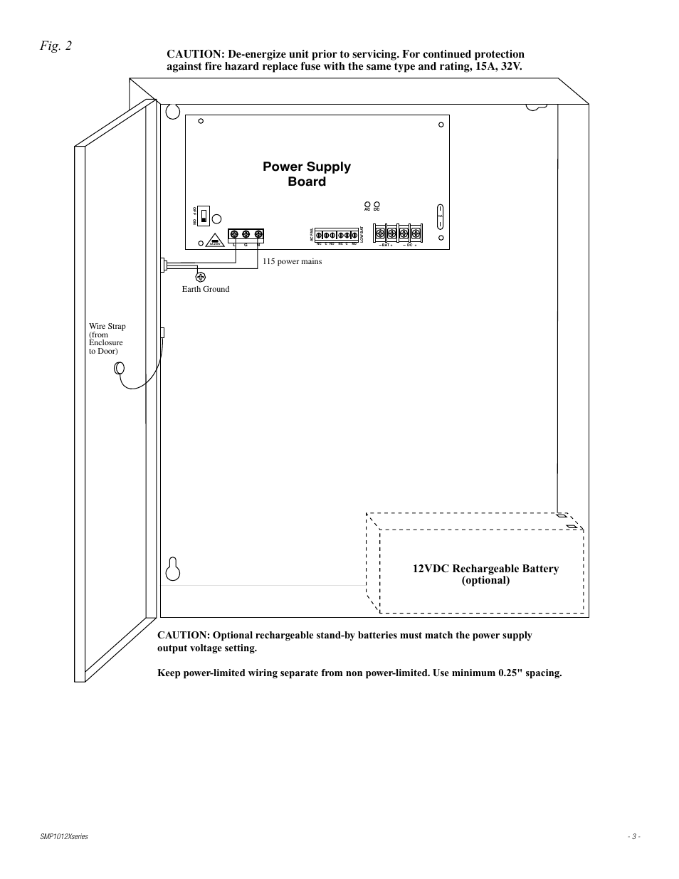 Fig. 2, Power supply board, 12vdc rechargeable battery (optional) | Altronix SMP10PMC12X Installation Instructions User Manual | Page 3 / 8